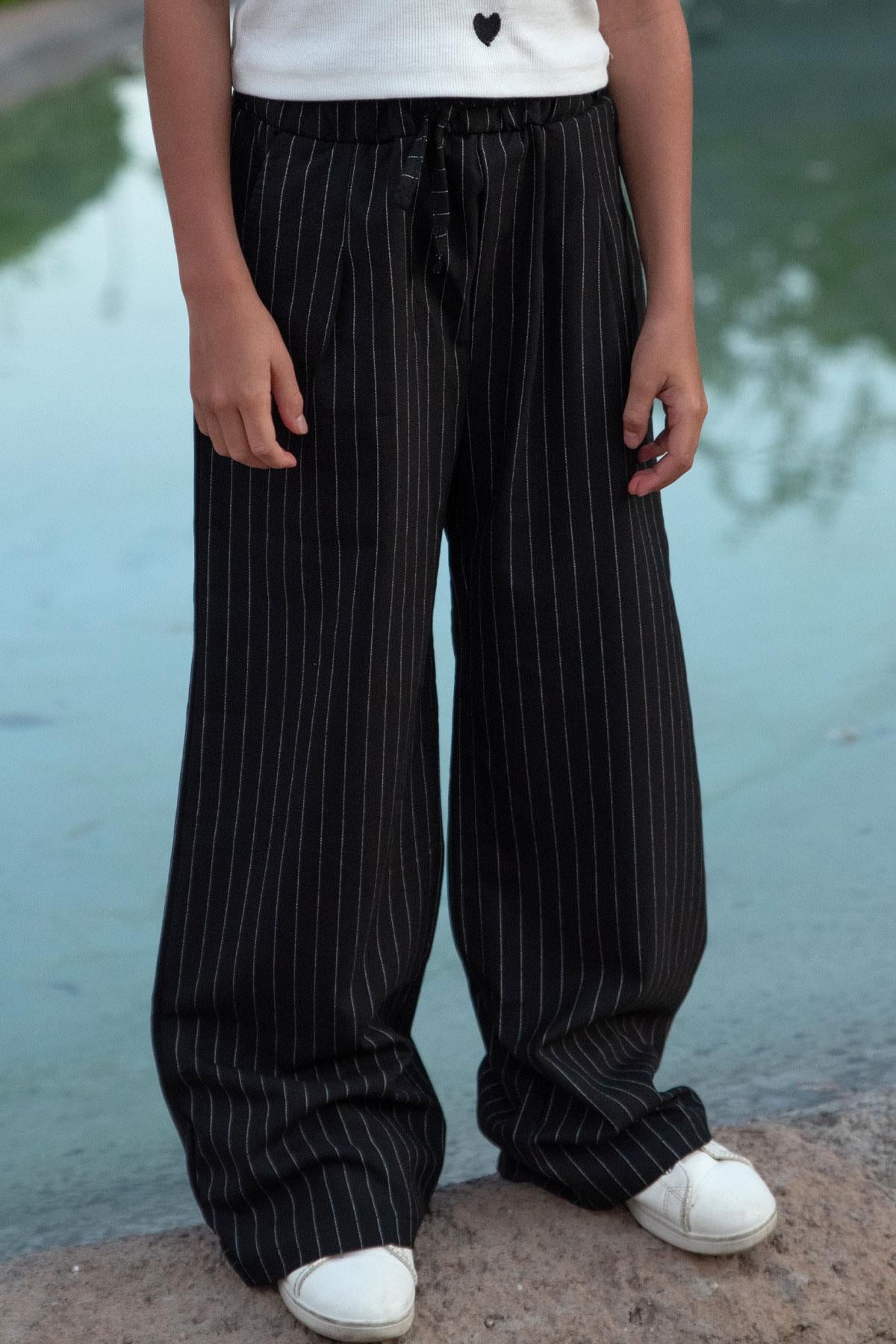 Breeze Kız Çocuk Pantolon Pinstripe Çizgili Çift Bel Detaylı Siyah (8-14 Yaş)