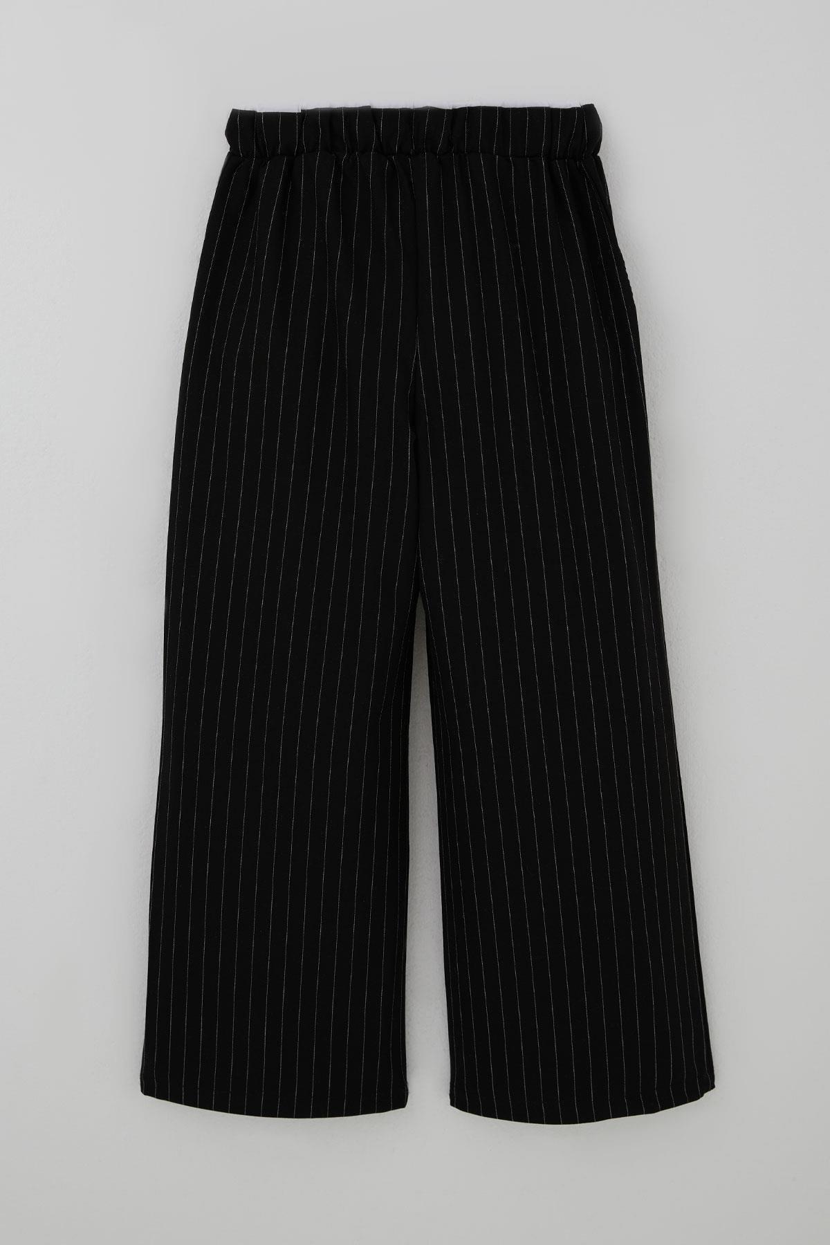 Breeze Kız Çocuk Pantolon Pinstripe Çizgili Çift Bel Detaylı Siyah (8-14 Yaş)