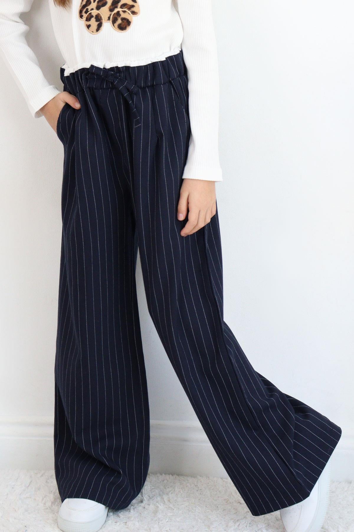 Breeze Kız Çocuk Pantolon Pinstripe Çizgili Çift Bel Detaylı Lacivert (8-14 Yaş)