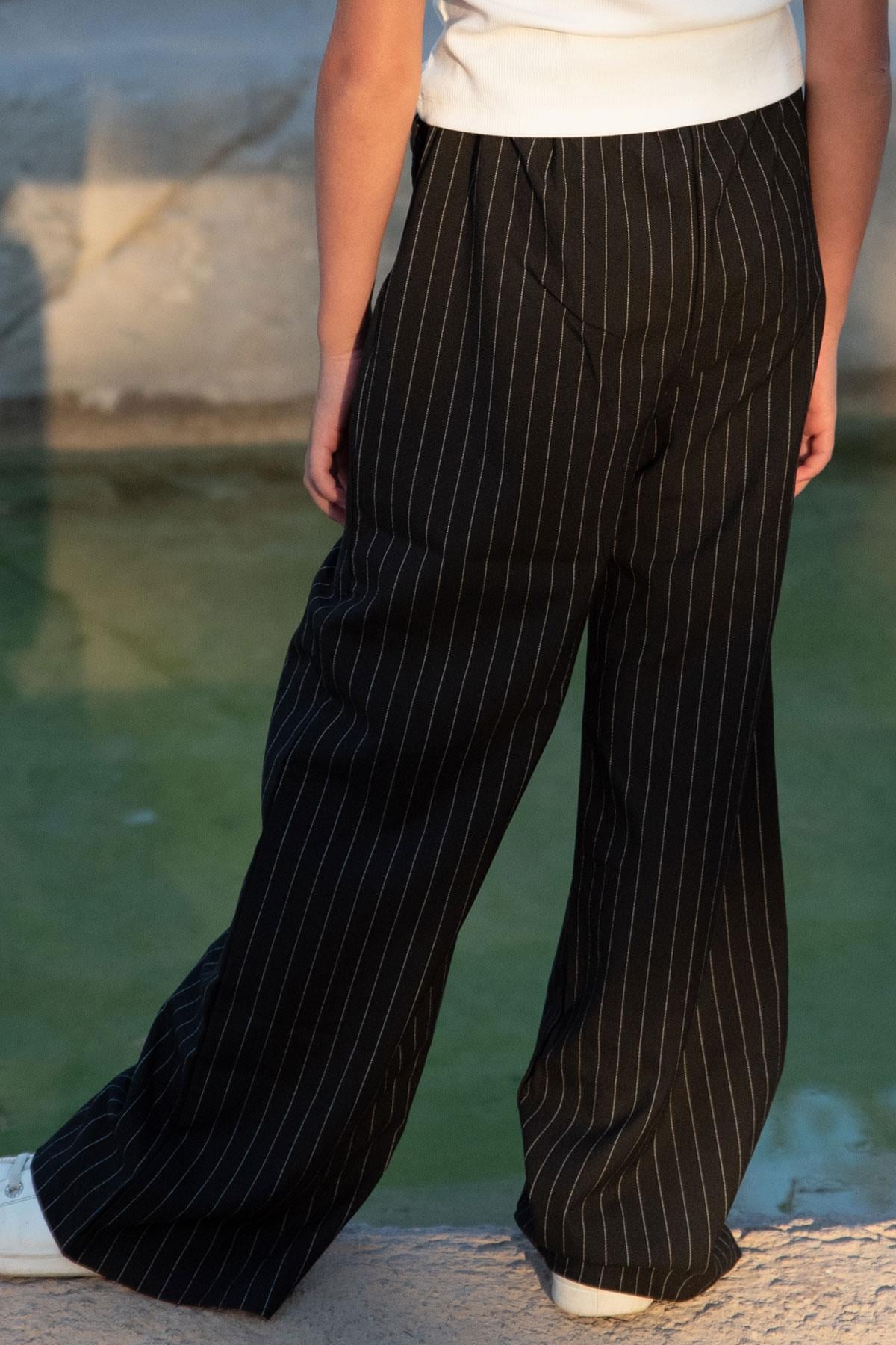 Breeze Kız Çocuk Pantolon Pinstripe Çizgili Çift Bel Detaylı Siyah (8-14 Yaş)
