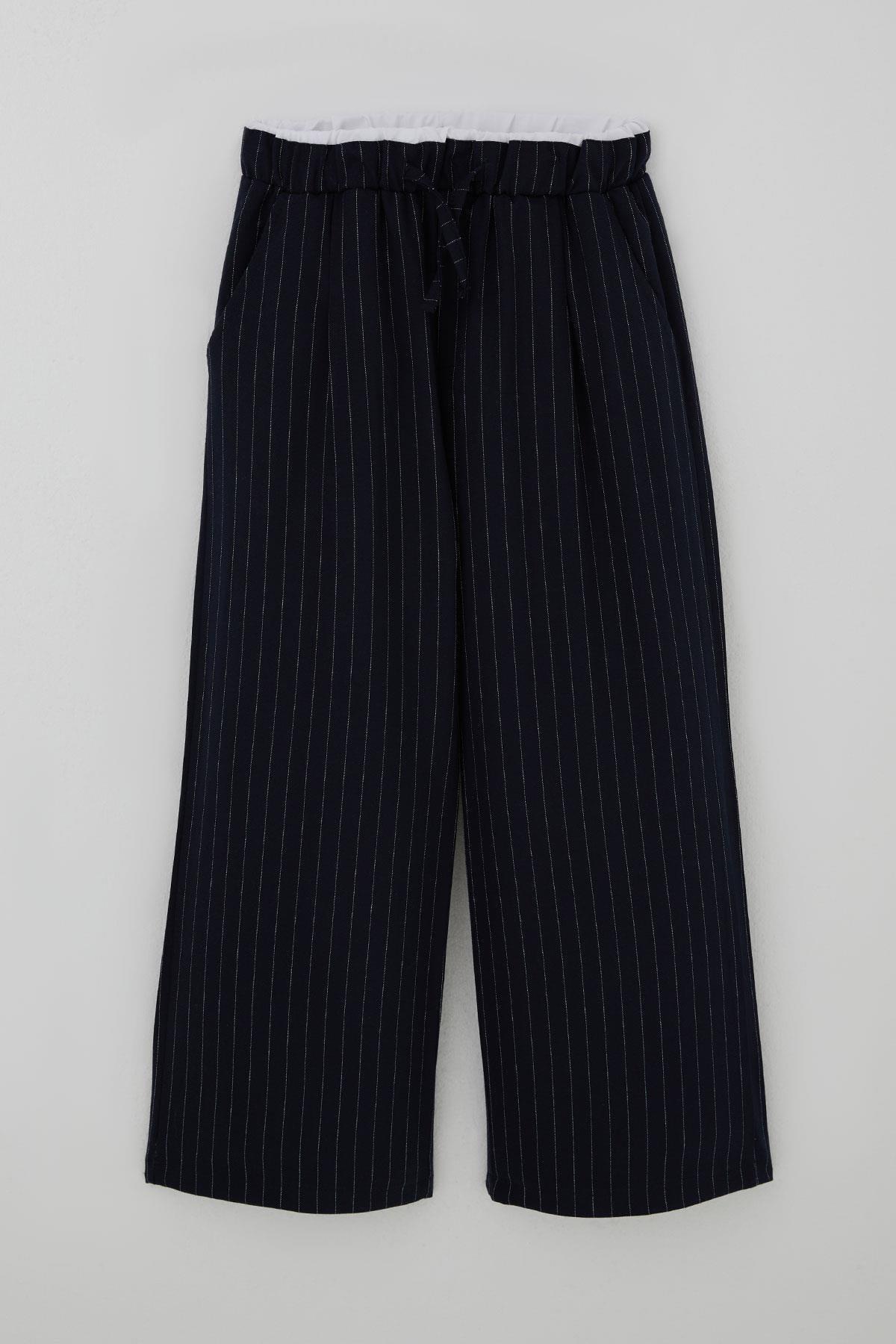 Breeze Kız Çocuk Pantolon Pinstripe Çizgili Çift Bel Detaylı Lacivert (8-14 Yaş)