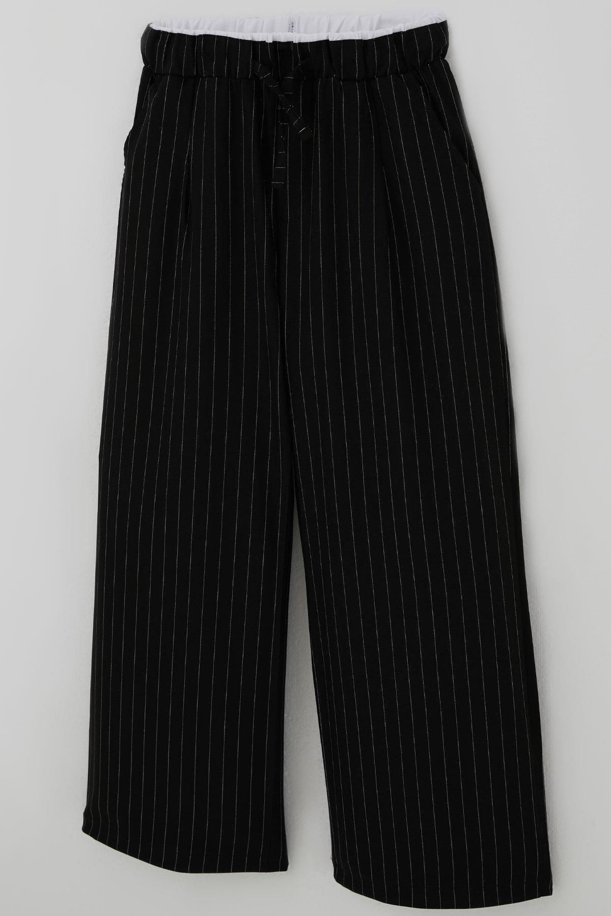 Breeze Kız Çocuk Pantolon Pinstripe Çizgili Çift Bel Detaylı Siyah (8-14 Yaş)