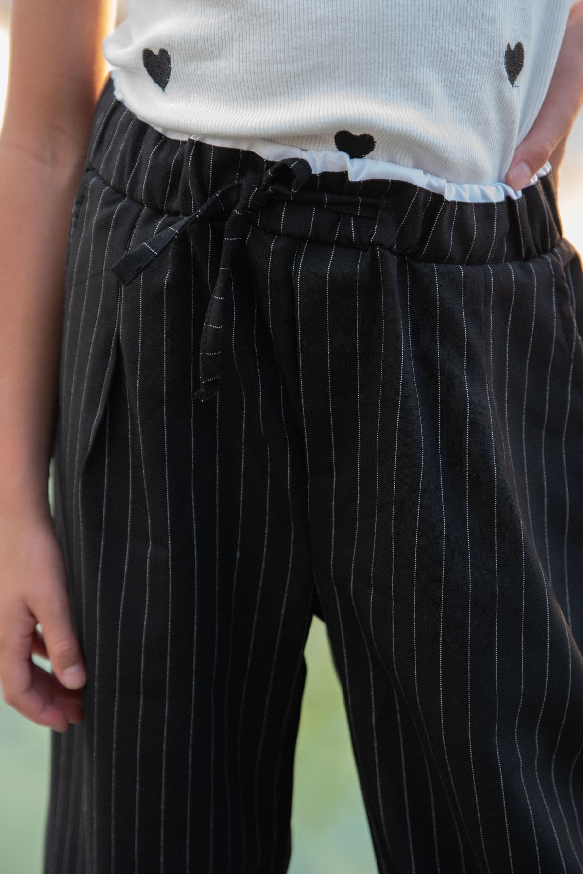 Breeze Kız Çocuk Pantolon Pinstripe Çizgili Çift Bel Detaylı Siyah (8-14 Yaş)