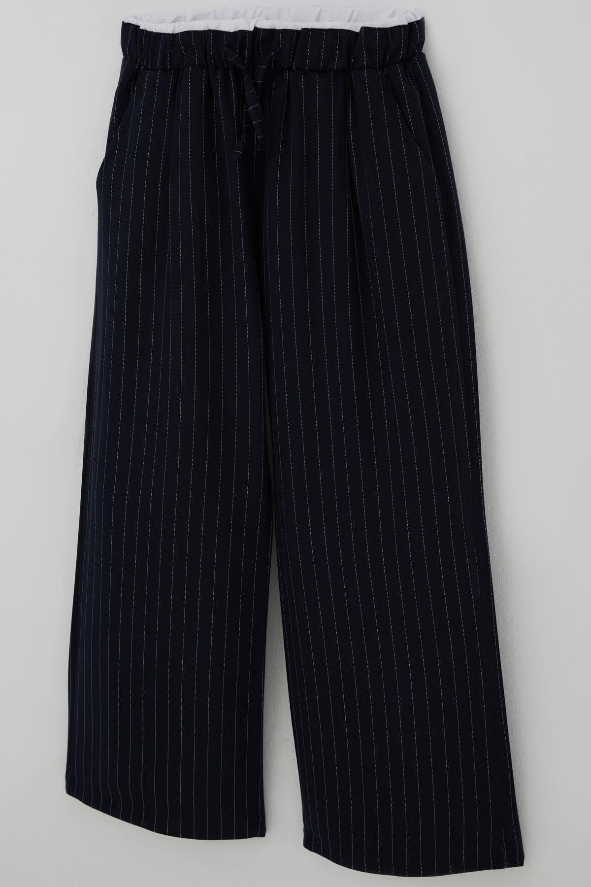 Breeze Kız Çocuk Pantolon Pinstripe Çizgili Çift Bel Detaylı Lacivert (8-14 Yaş)