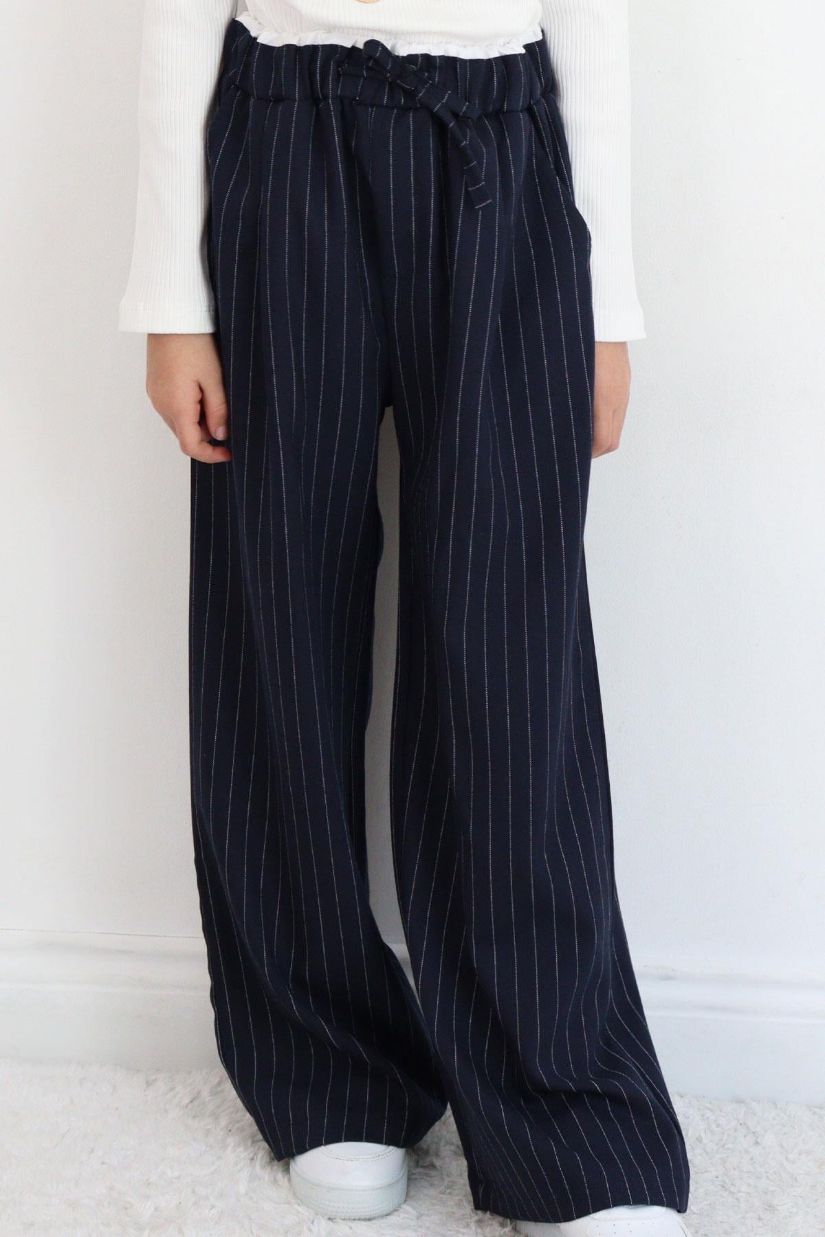 Breeze Kız Çocuk Pantolon Pinstripe Çizgili Çift Bel Detaylı Lacivert (8-14 Yaş)