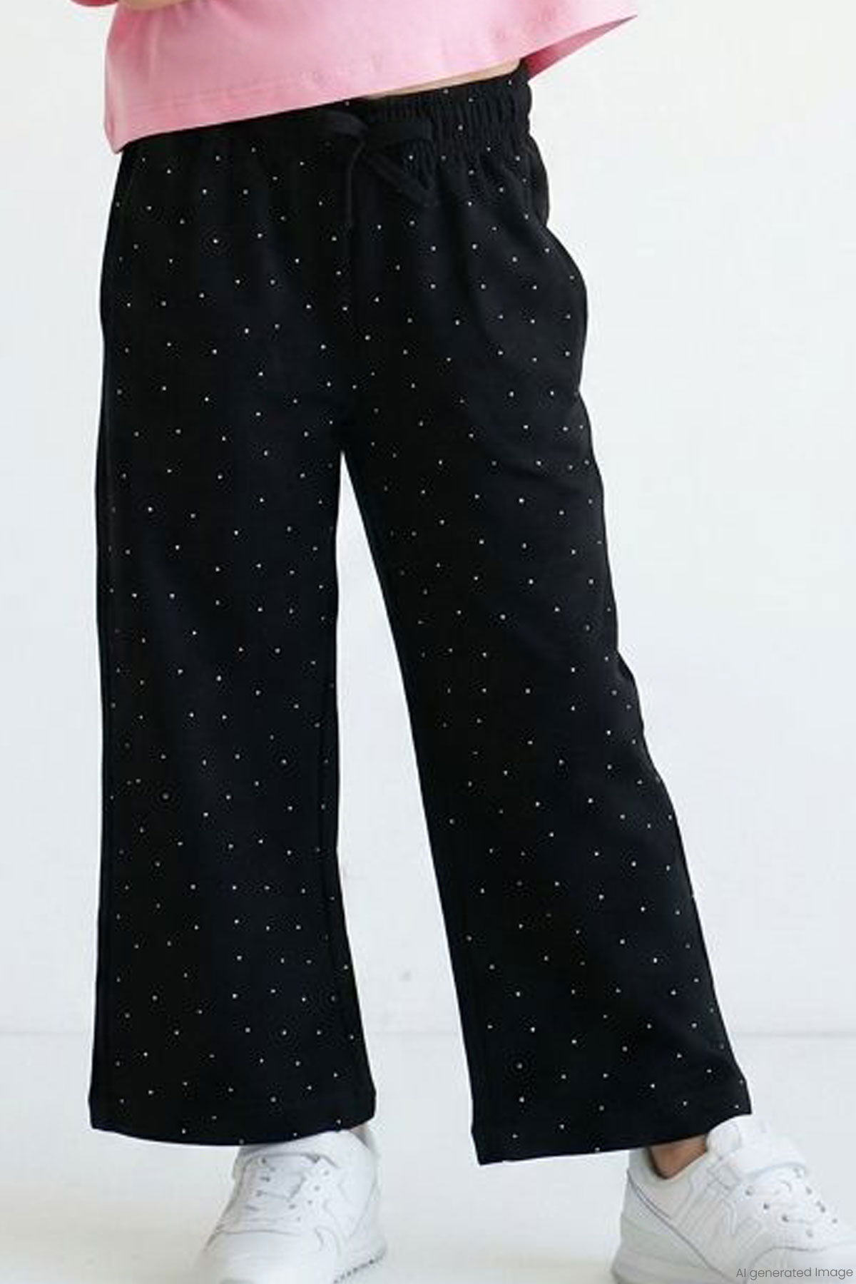 Breeze Kız Çocuk Pantolon Taşlı Fiyonk Aksesuarlı Cepli Siyah (10-14 Yaş)