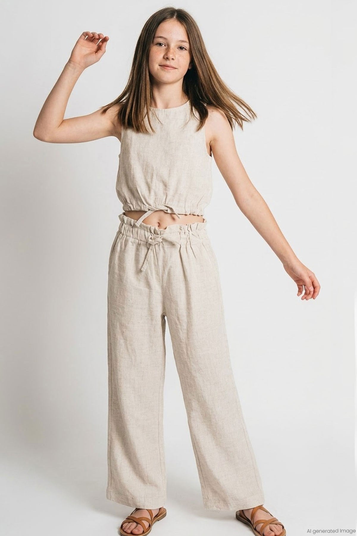 Breeze Kız Çocuk Pantolonlu Crop Takım Beli Lastikli Bağcık Aksesuarlı Bej (9-14 Yaş)