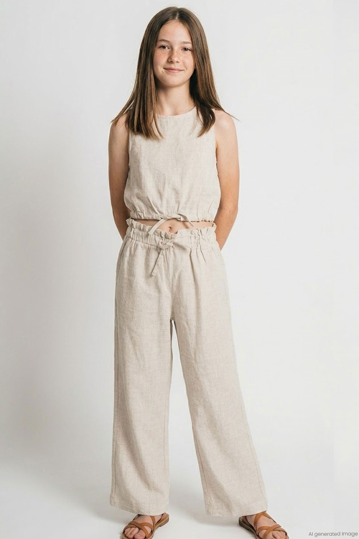 Breeze Kız Çocuk Pantolonlu Crop Takım Beli Lastikli Bağcık Aksesuarlı Bej (9-14 Yaş)