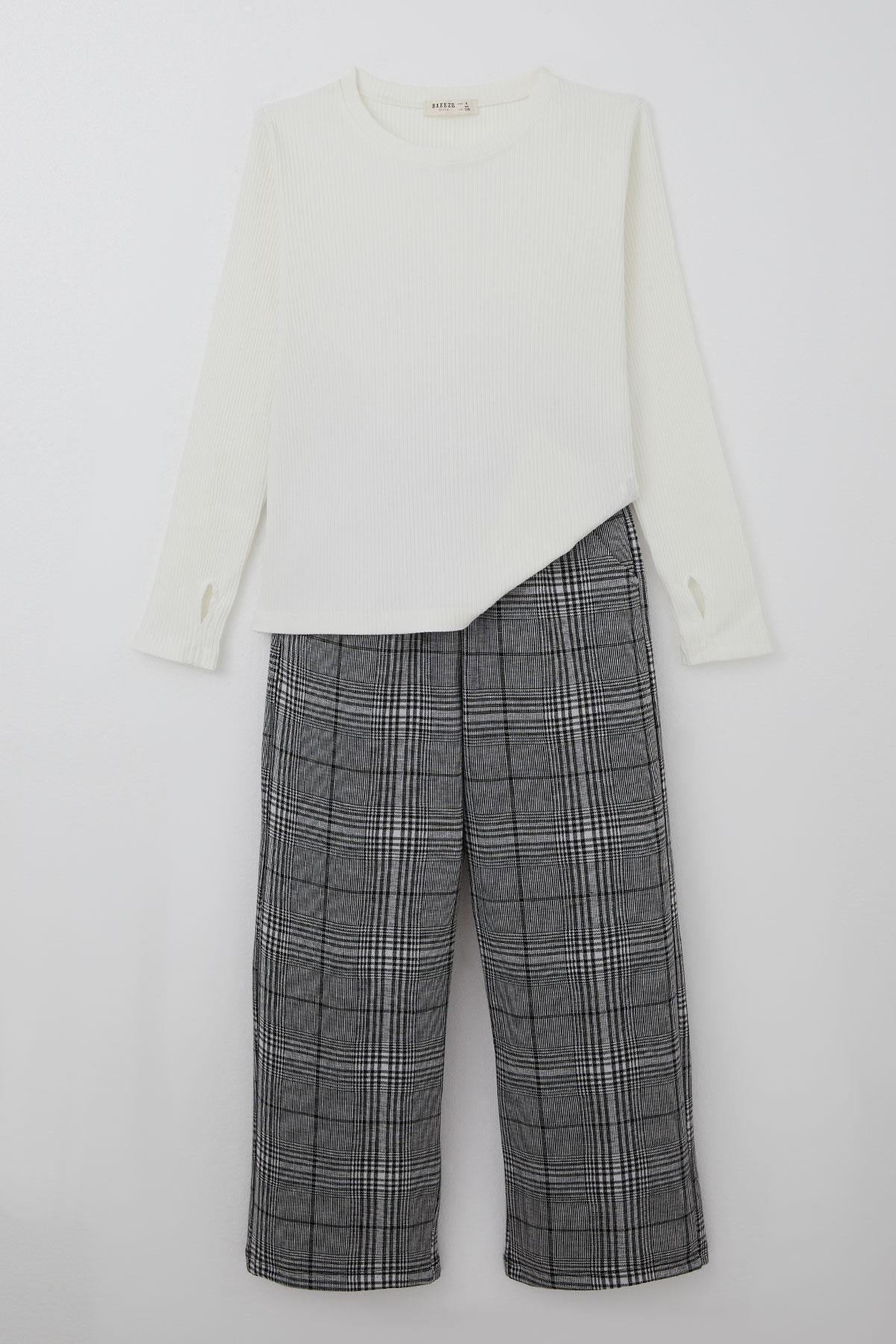 Breeze Kız Çocuk Pantolonlu Takım Bluzu Parmak Detaylı Pantolonu Ekose Desenli Ekru (8-14 Yaş)