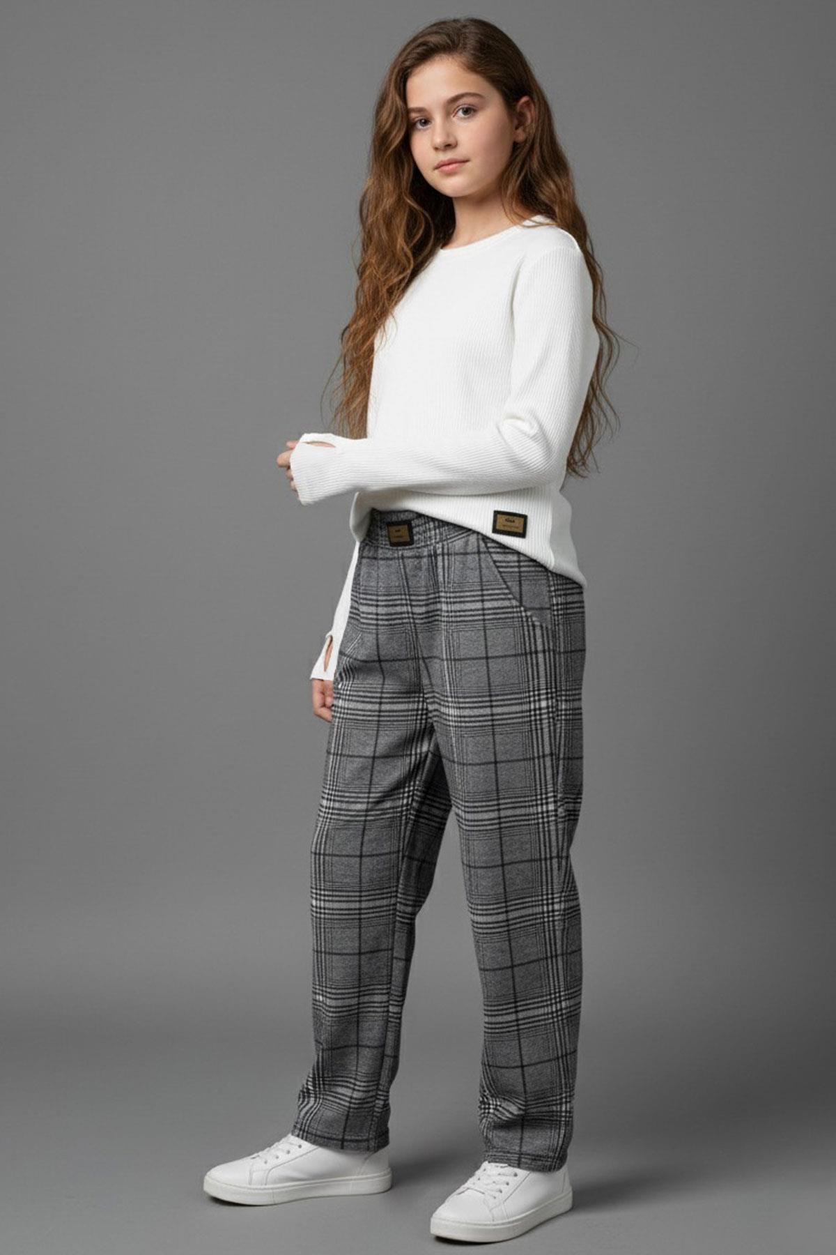 Breeze Kız Çocuk Pantolonlu Takım Bluzu Parmak Detaylı Pantolonu Ekose Desenli Ekru (8-14 Yaş)