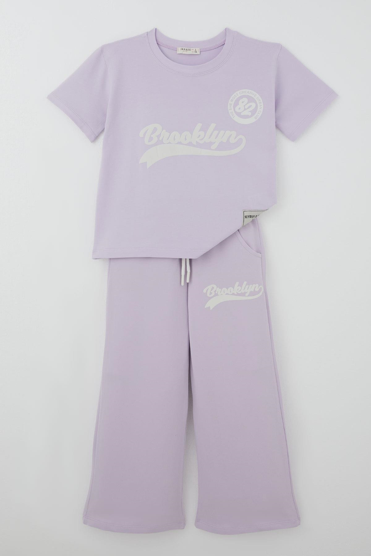 Breeze Kız Çocuk Pantolonlu Takım Brooklyn Yazı Baskılı Bağcıklı Açık Lila (8-14 Yaş)