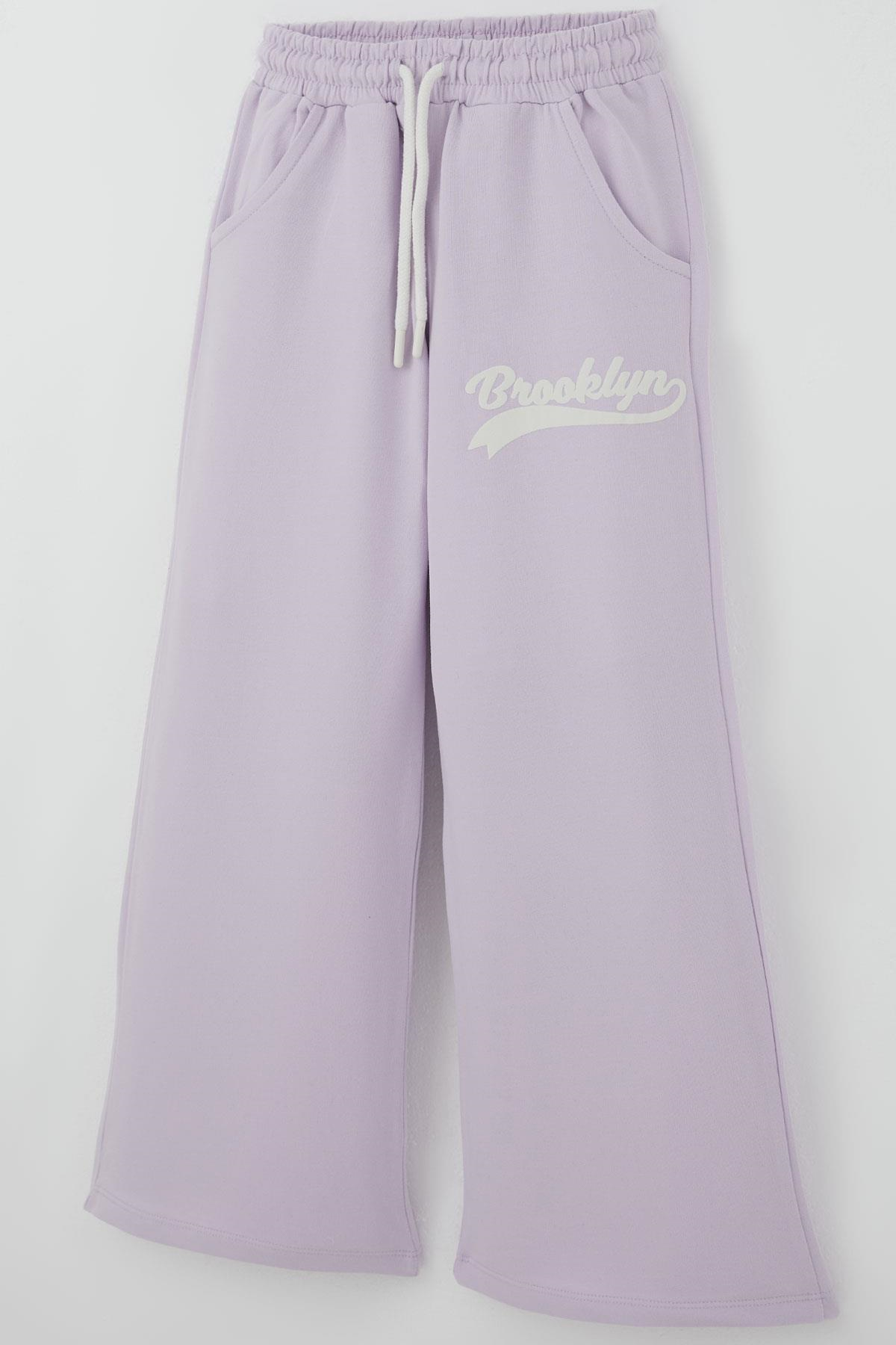 Breeze Kız Çocuk Pantolonlu Takım Brooklyn Yazı Baskılı Bağcıklı Açık Lila (8-14 Yaş)