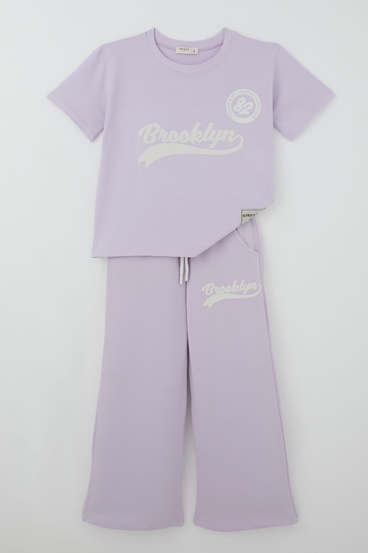 Breeze Kız Çocuk Pantolonlu Takım Brooklyn Yazı Baskılı Bağcıklı Açık Lila (8-14 Yaş)