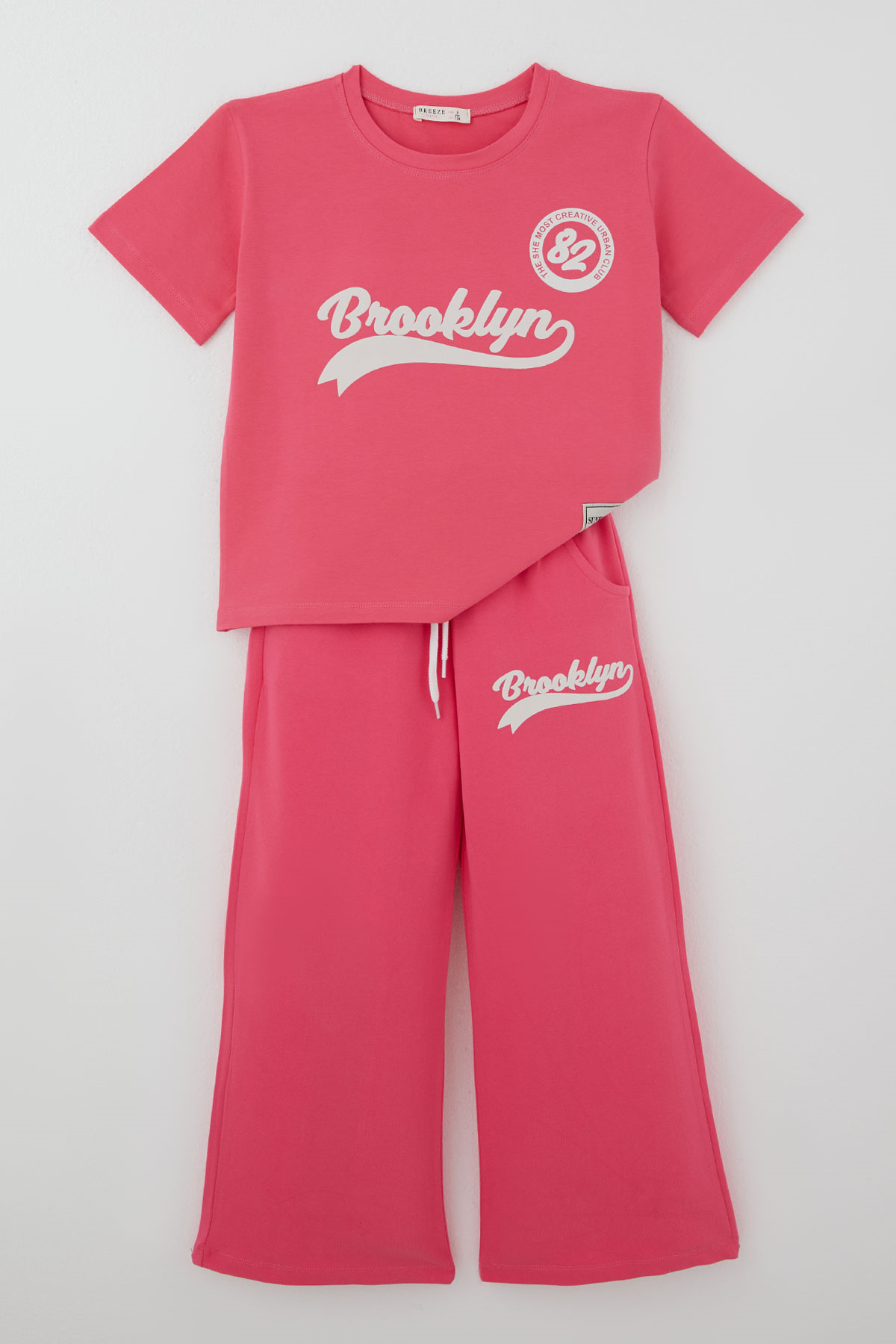 Breeze Kız Çocuk Pantolonlu Takım Brooklyn Yazı Baskılı Bağcıklı Fuşya (8-14 Yaş)