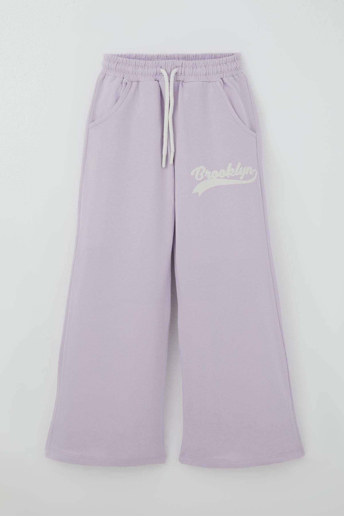 Breeze Kız Çocuk Pantolonlu Takım Brooklyn Yazı Baskılı Bağcıklı Açık Lila (8-14 Yaş)
