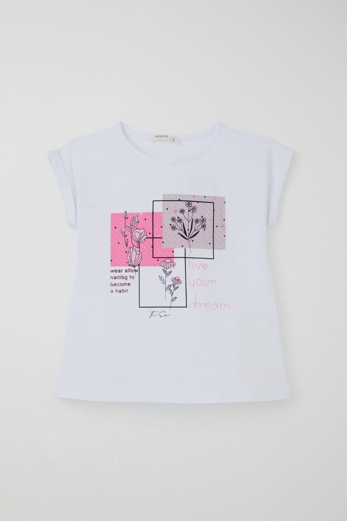 Breeze Kız Çocuk Pantolonlu Takım Çiçek Baskılı Yırtmaçlı Beyaz (6-12 Yaş)