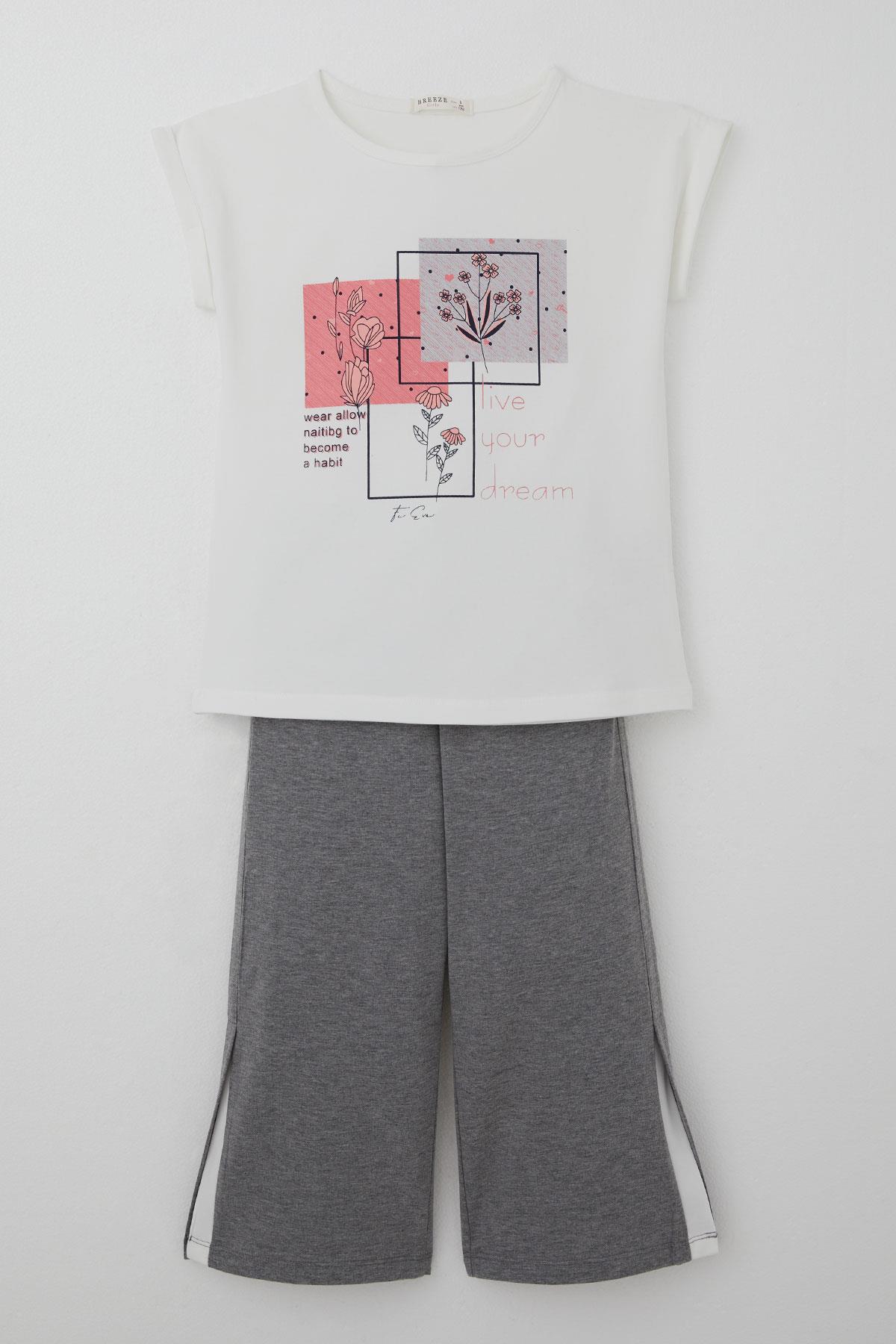 Breeze Kız Çocuk Pantolonlu Takım Çiçek Baskılı Yırtmaçlı Ekru (6-12 Yaş)