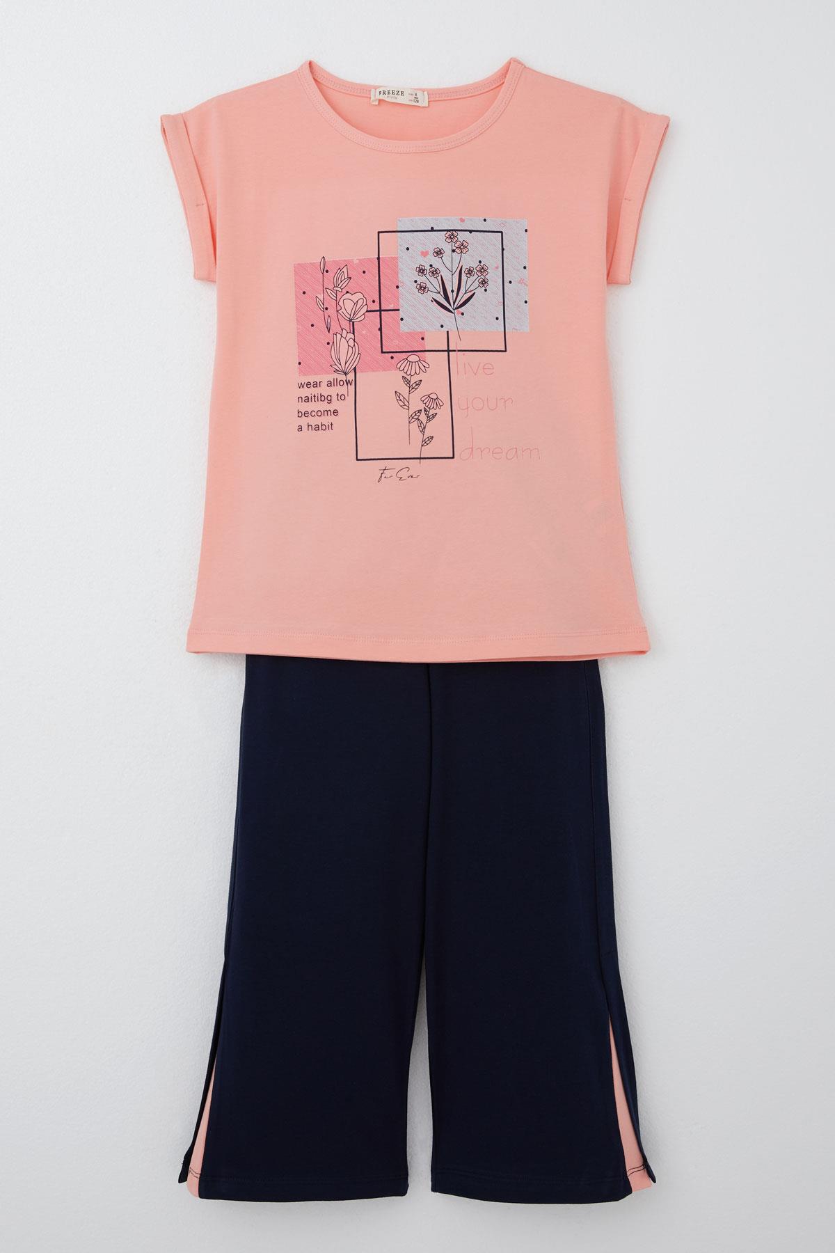 Breeze Kız Çocuk Pantolonlu Takım Çiçek Baskılı Yırtmaçlı Somon (6-12 Yaş)