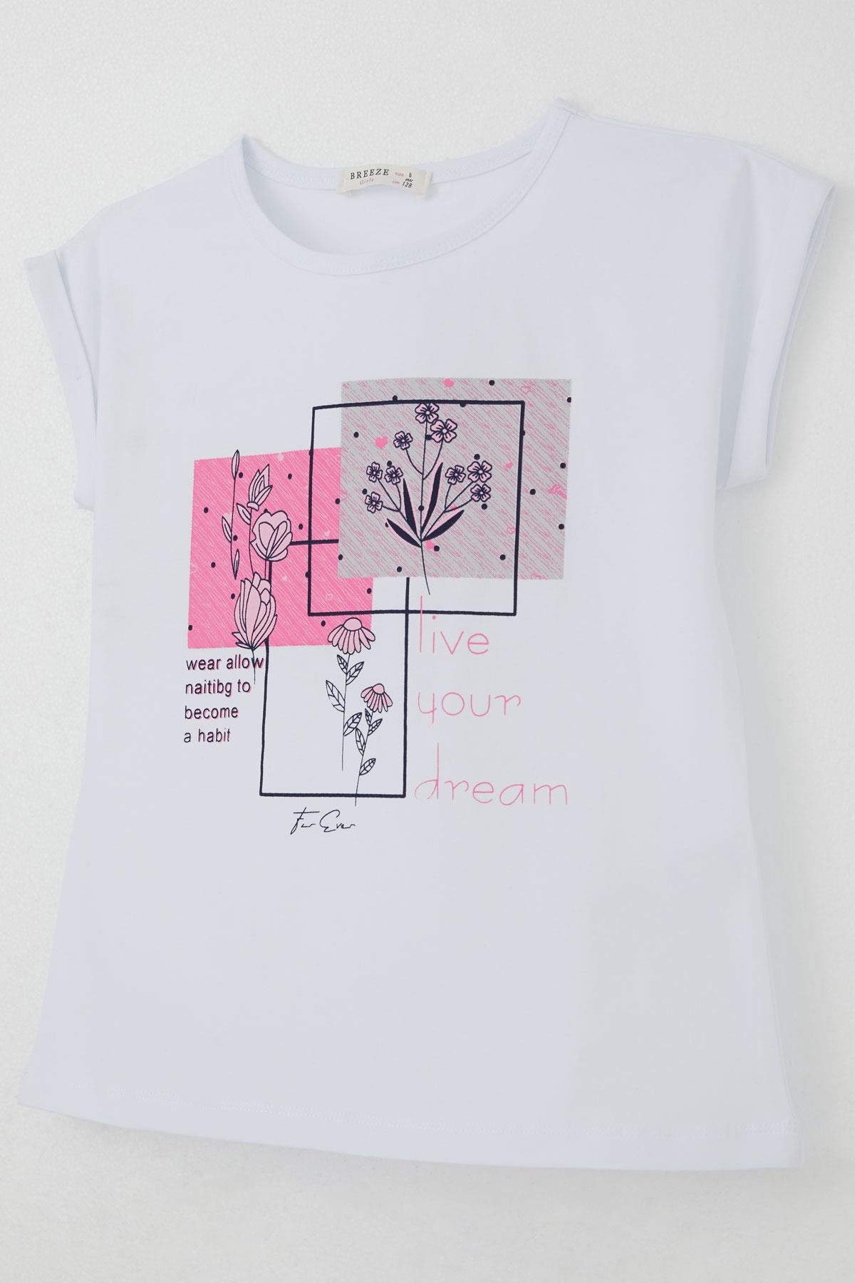 Breeze Kız Çocuk Pantolonlu Takım Çiçek Baskılı Yırtmaçlı Beyaz (6-12 Yaş)