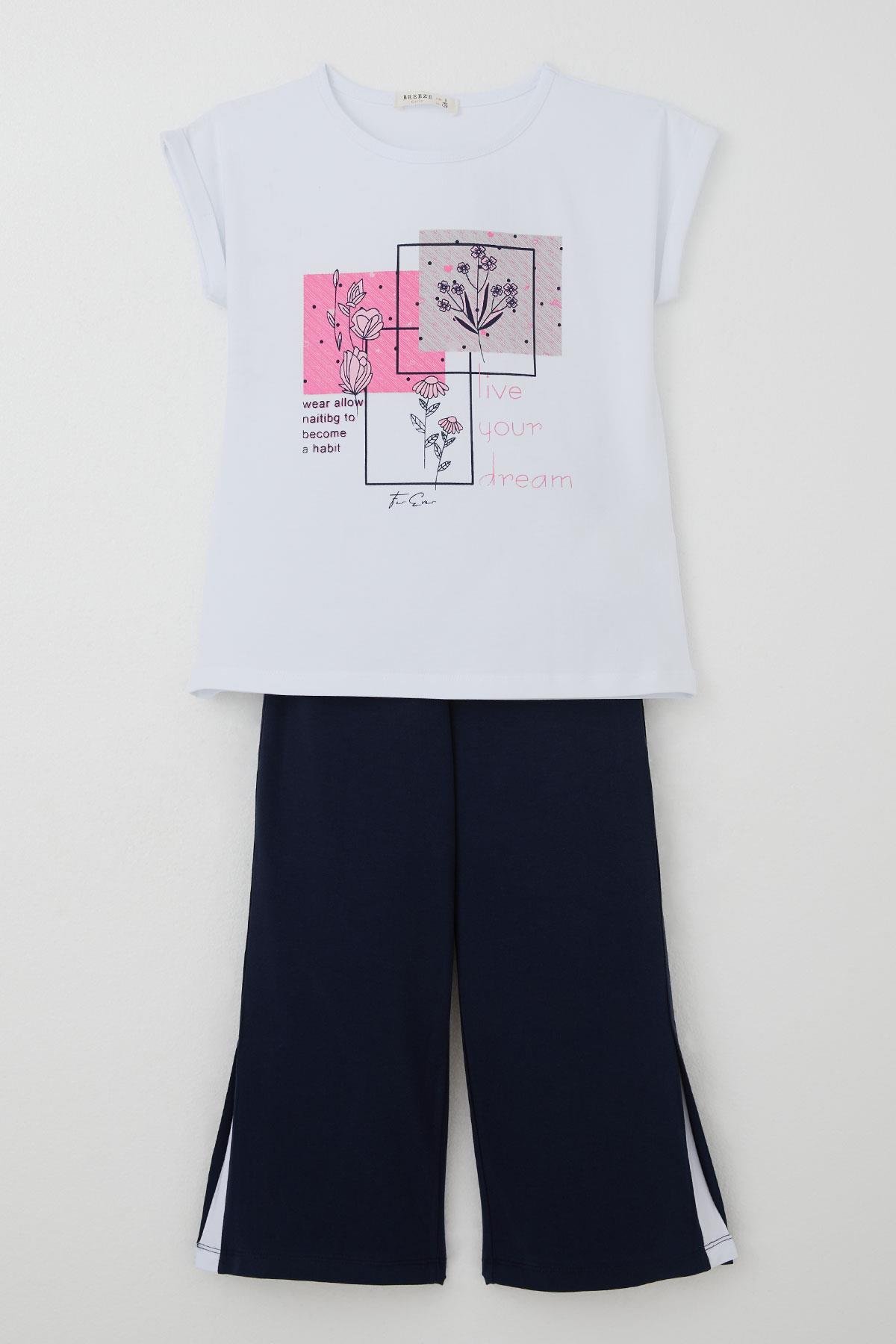 Breeze Kız Çocuk Pantolonlu Takım Çiçek Baskılı Yırtmaçlı Beyaz (6-12 Yaş)