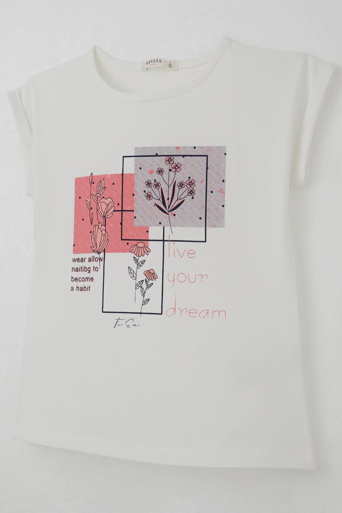 Breeze Kız Çocuk Pantolonlu Takım Çiçek Baskılı Yırtmaçlı Ekru (6-12 Yaş)