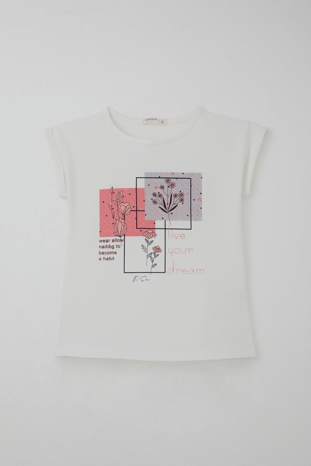 Breeze Kız Çocuk Pantolonlu Takım Çiçek Baskılı Yırtmaçlı Ekru (6-12 Yaş)