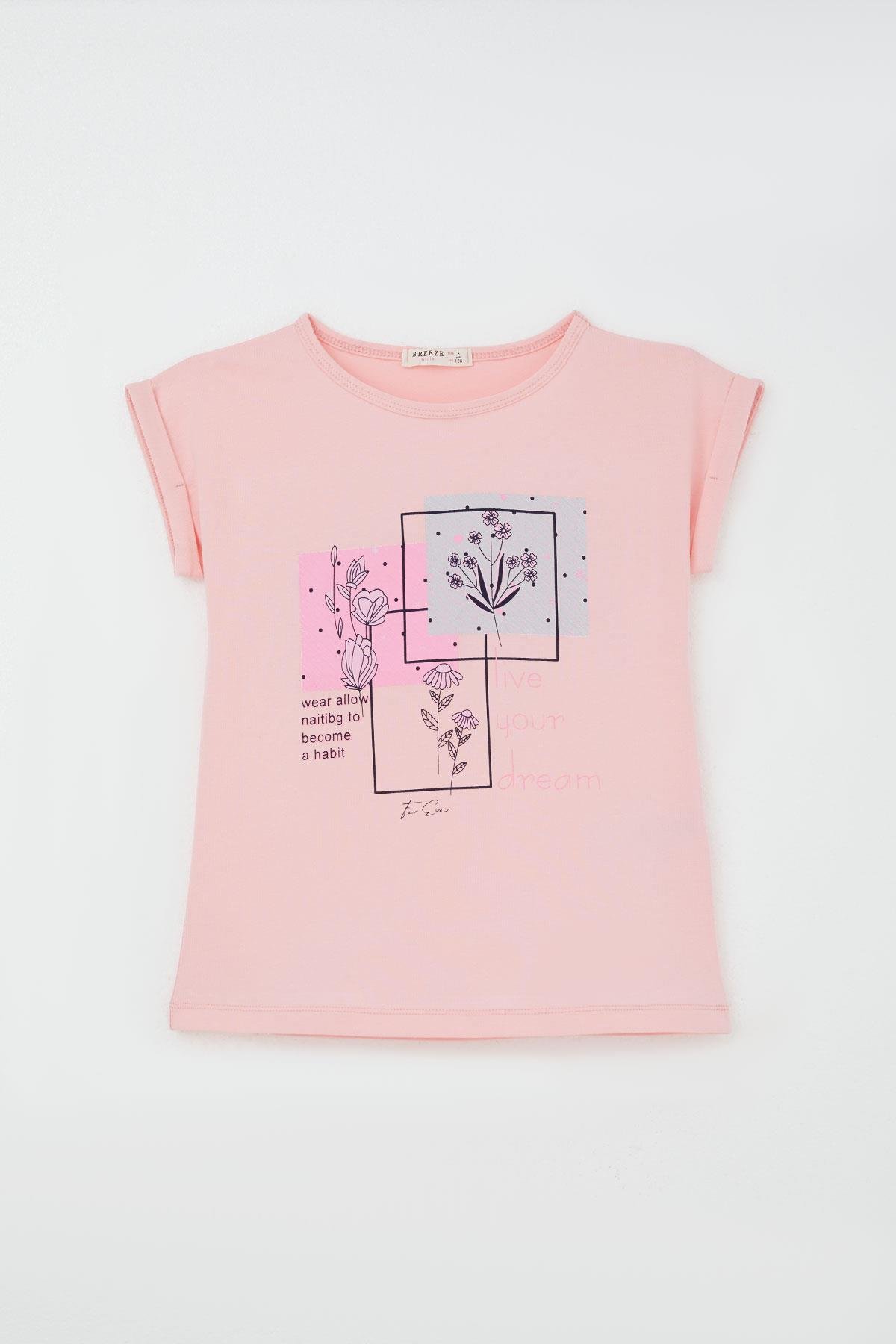 Breeze Kız Çocuk Pantolonlu Takım Çiçek Baskılı Yırtmaçlı Pembe (6-12 Yaş)