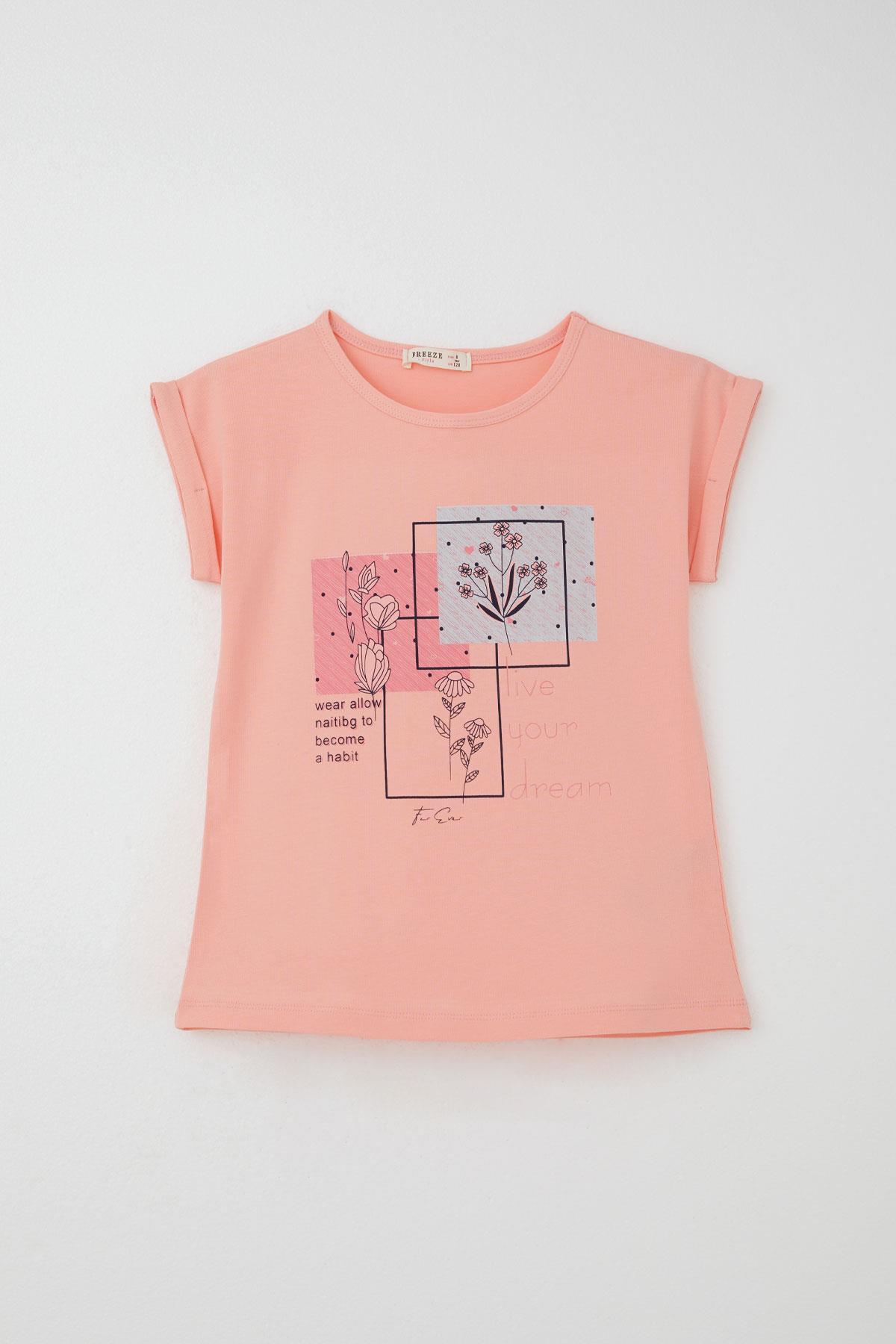 Breeze Kız Çocuk Pantolonlu Takım Çiçek Baskılı Yırtmaçlı Somon (6-12 Yaş)