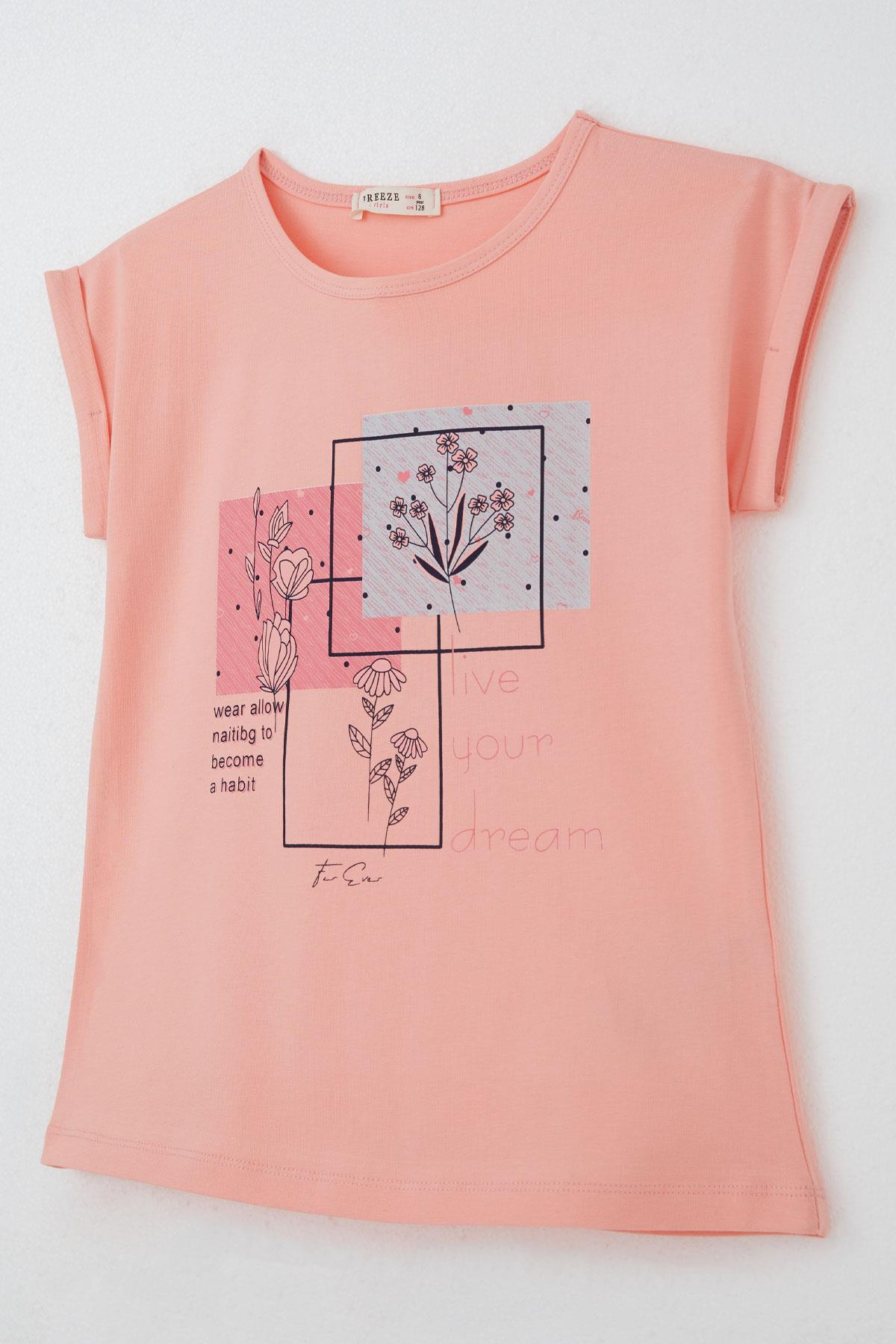 Breeze Kız Çocuk Pantolonlu Takım Çiçek Baskılı Yırtmaçlı Somon (6-12 Yaş)