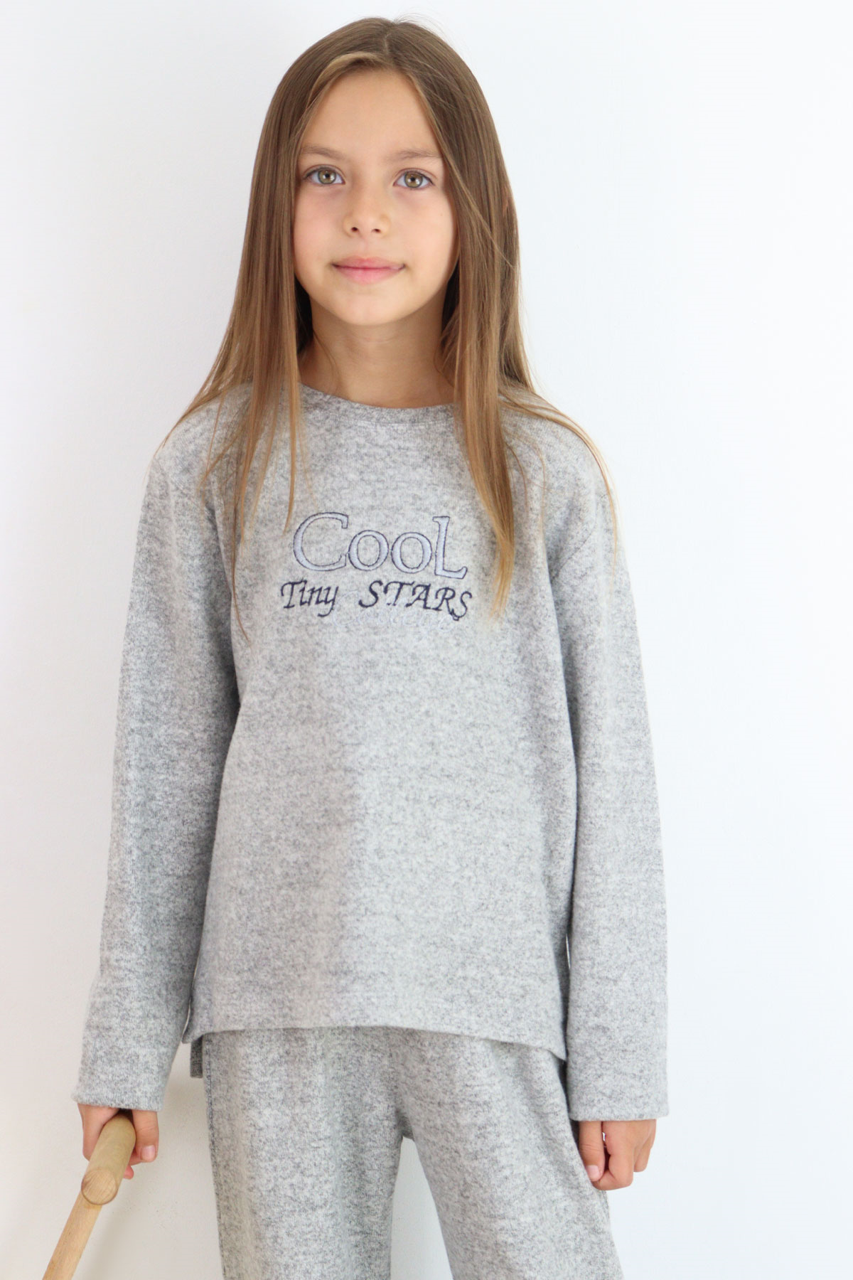 Breeze Kız Çocuk Pantolonlu Takım Cool Yazı Nakışlı Gri Melanj (5-9 Yaş)
