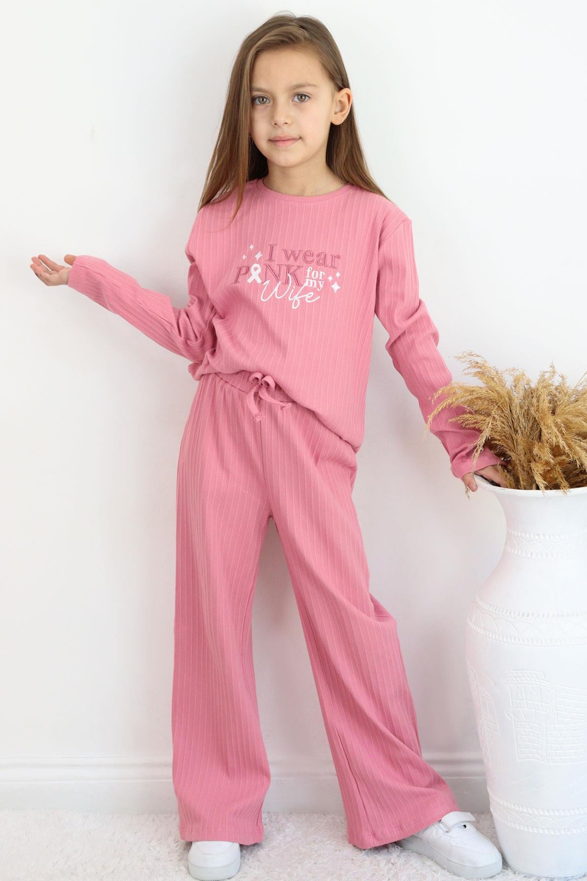Breeze Kız Çocuk Pantolonlu Takım Yazı Nakışlı Fiyonk Detaylı Gülkurusu (4-8 Yaş)