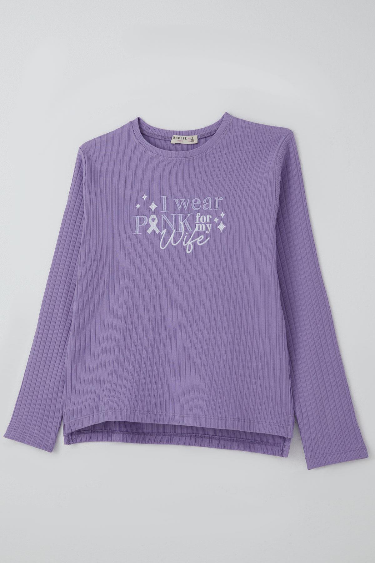 Breeze Kız Çocuk Pantolonlu Takım Yazı Nakışlı Fiyonk Detaylı Lila (4-8 Yaş)