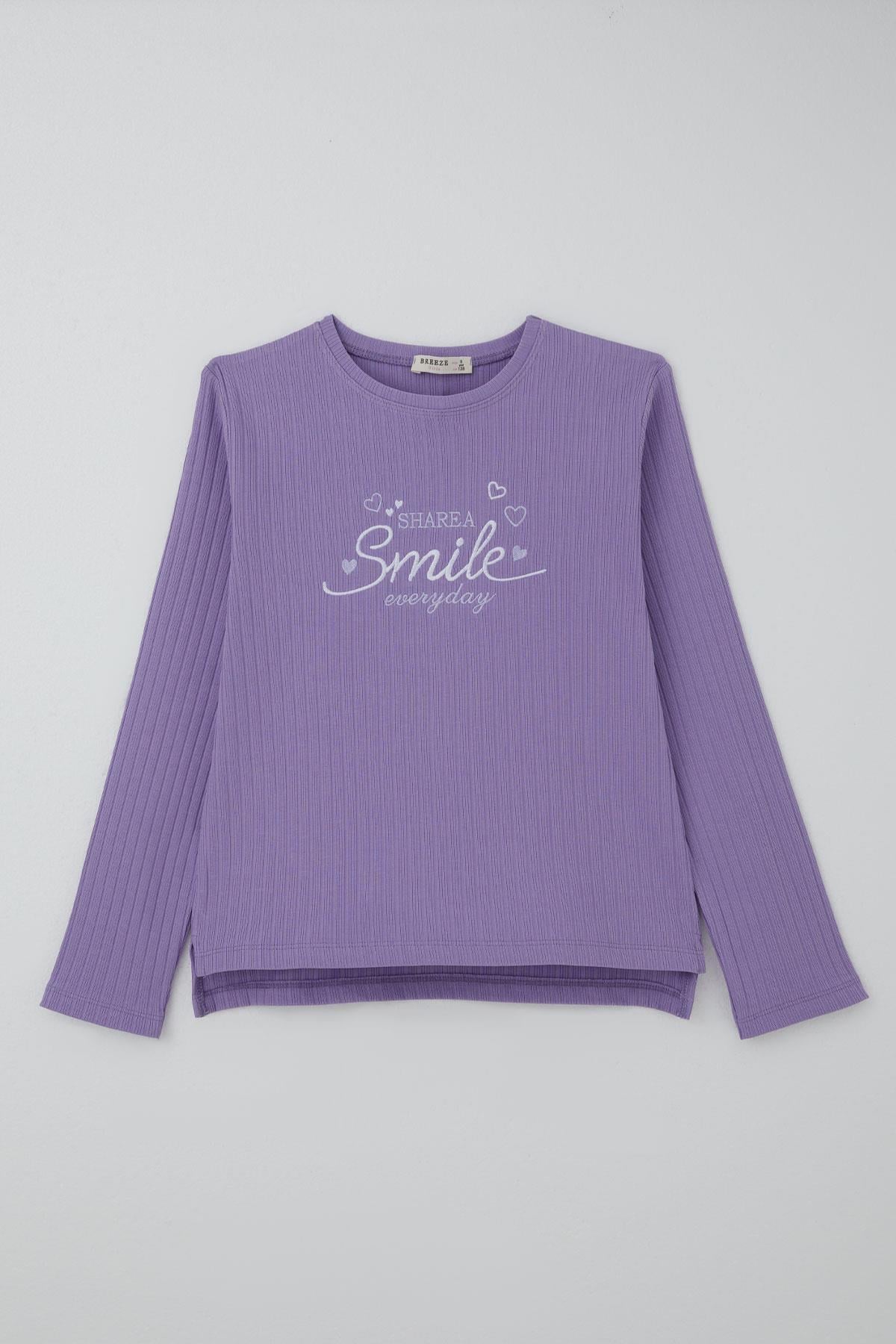 Breeze Kız Çocuk Pantolonlu Takım Yazı & Kalp Nakışlı Pantolonu Fiyonk Aksesuarlı Lila (4-8 Yaş)