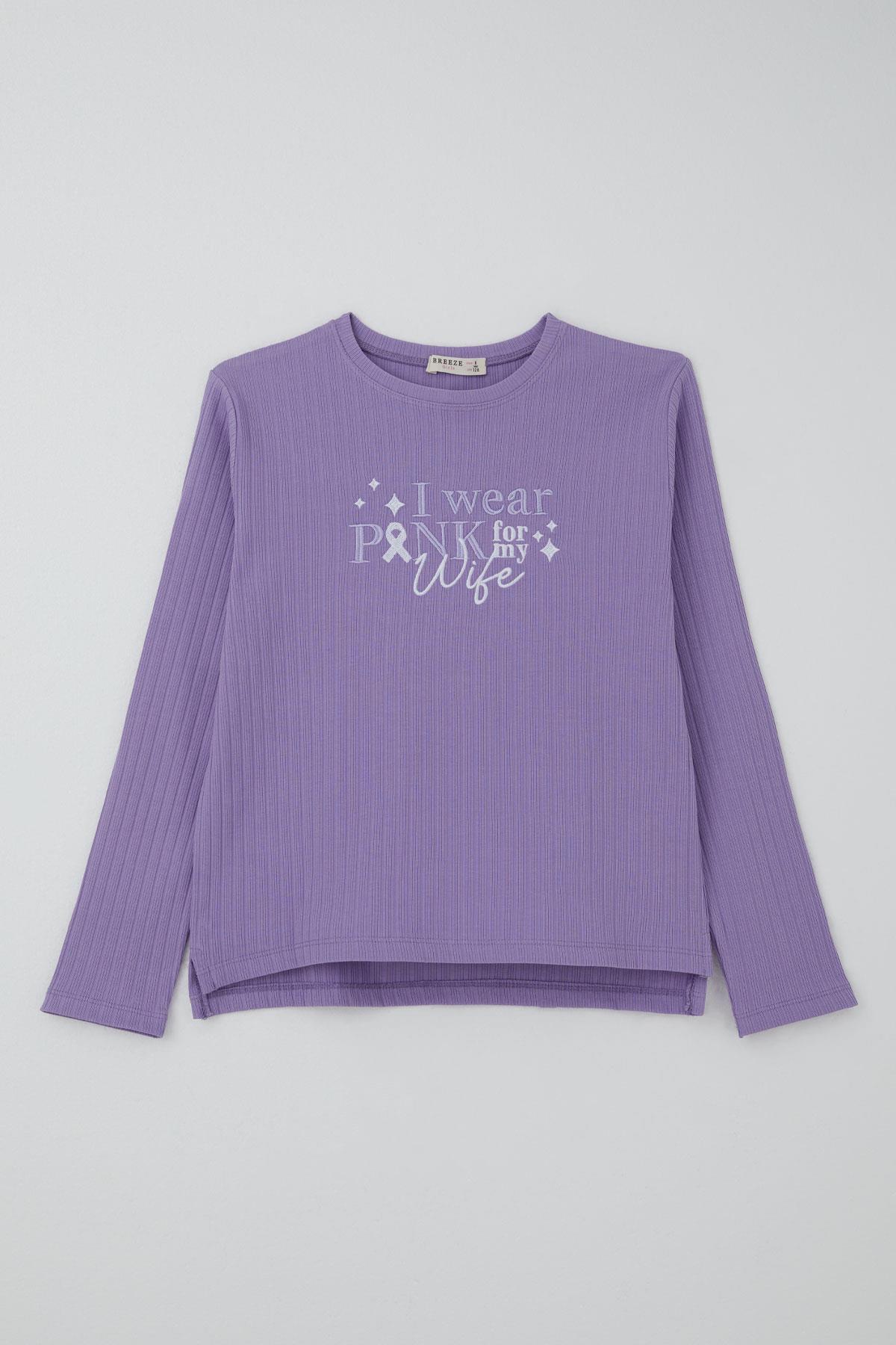 Breeze Kız Çocuk Pantolonlu Takım Yazı Nakışlı Fiyonk Detaylı Lila (4-8 Yaş)