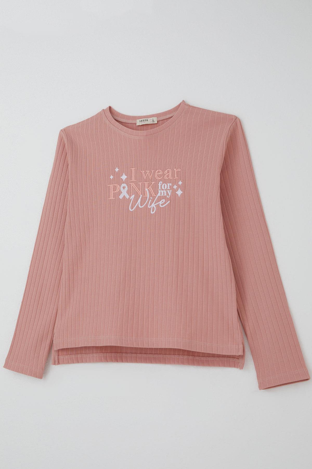 Breeze Kız Çocuk Pantolonlu Takım Yazı Nakışlı Fiyonk Detaylı Gülkurusu (4-8 Yaş)