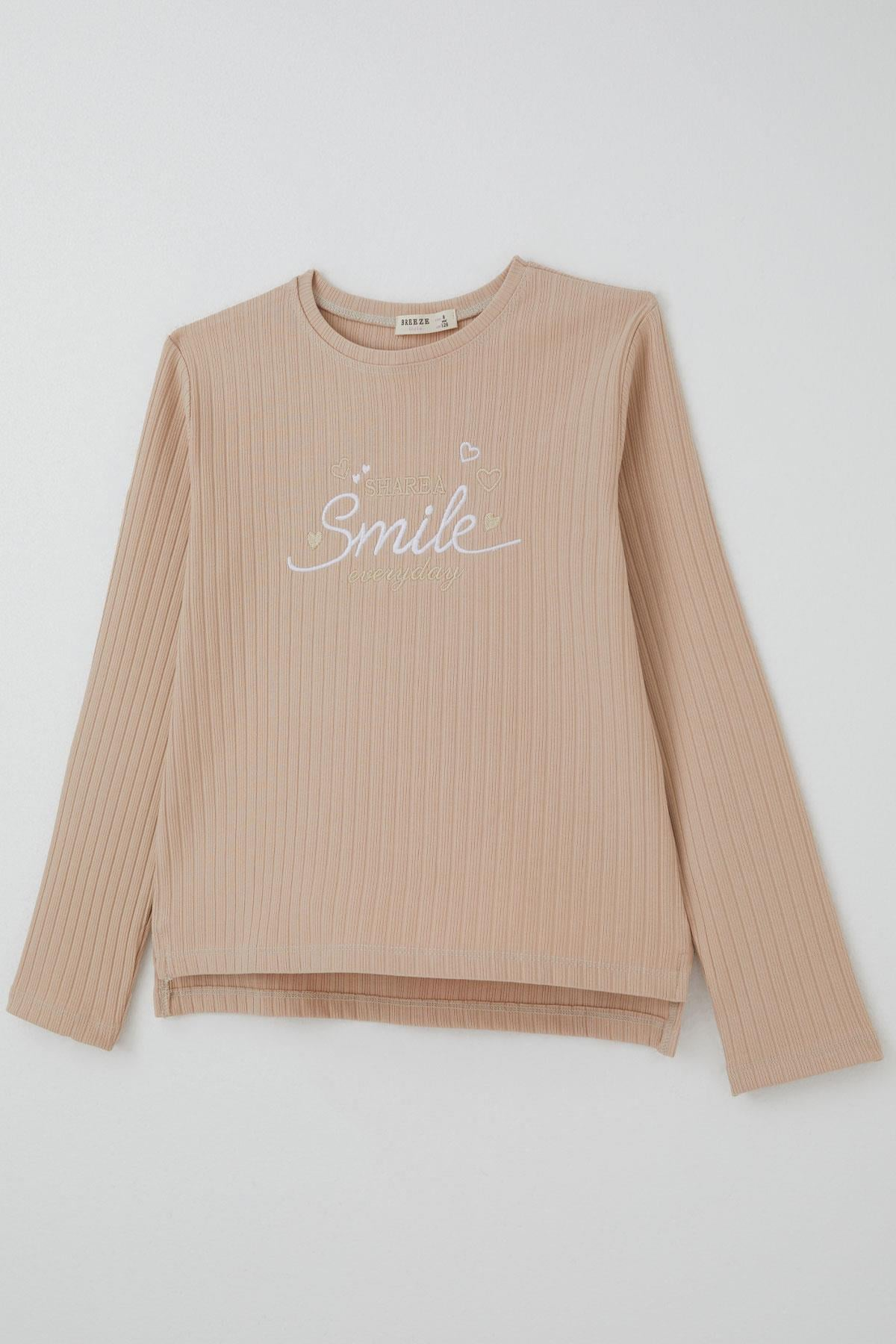 Breeze Kız Çocuk Pantolonlu Takım Yazı & Kalp Nakışlı Pantolonu Fiyonk Aksesuarlı Bej (4-8 Yaş)