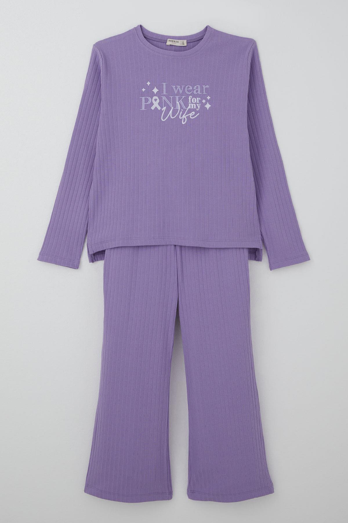 Breeze Kız Çocuk Pantolonlu Takım Yazı Nakışlı Fiyonk Detaylı Lila (4-8 Yaş)