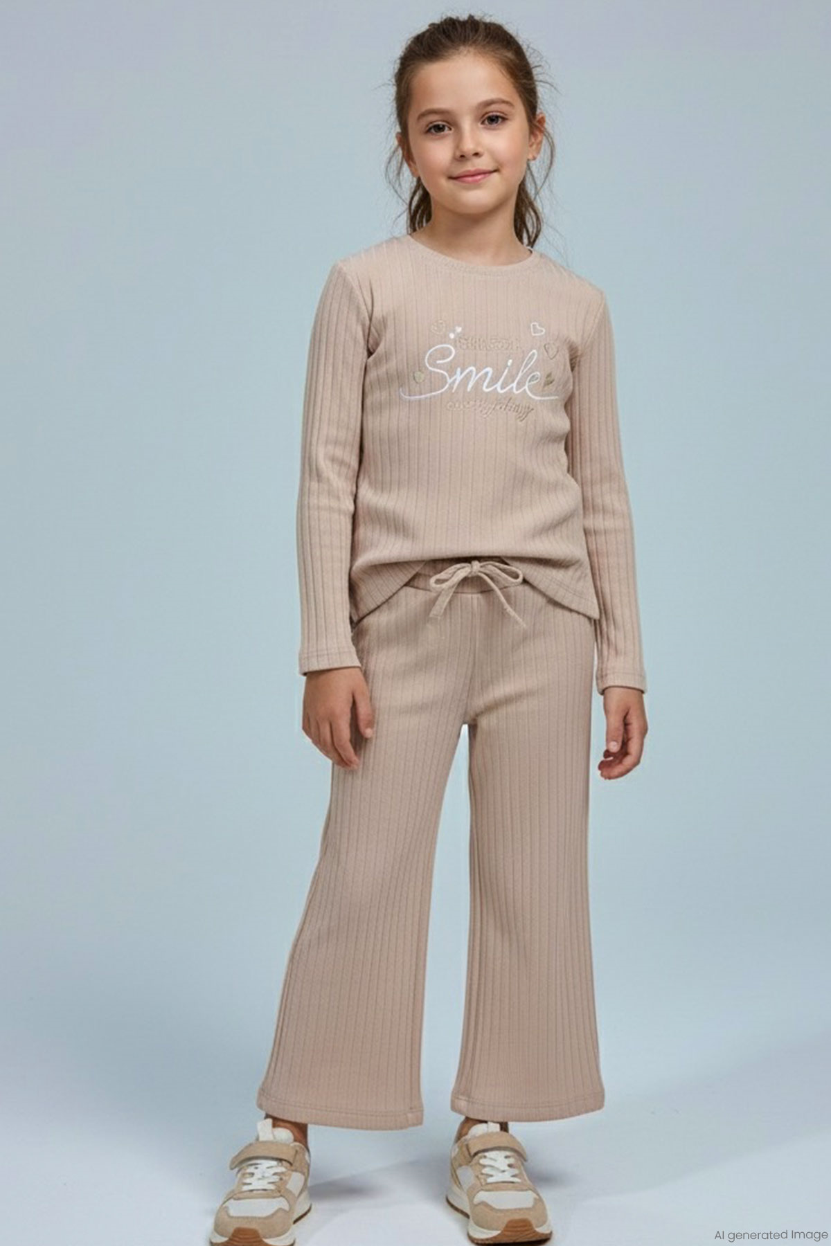 Breeze Kız Çocuk Pantolonlu Takım Yazı & Kalp Nakışlı Pantolonu Fiyonk Aksesuarlı Bej (4-8 Yaş)