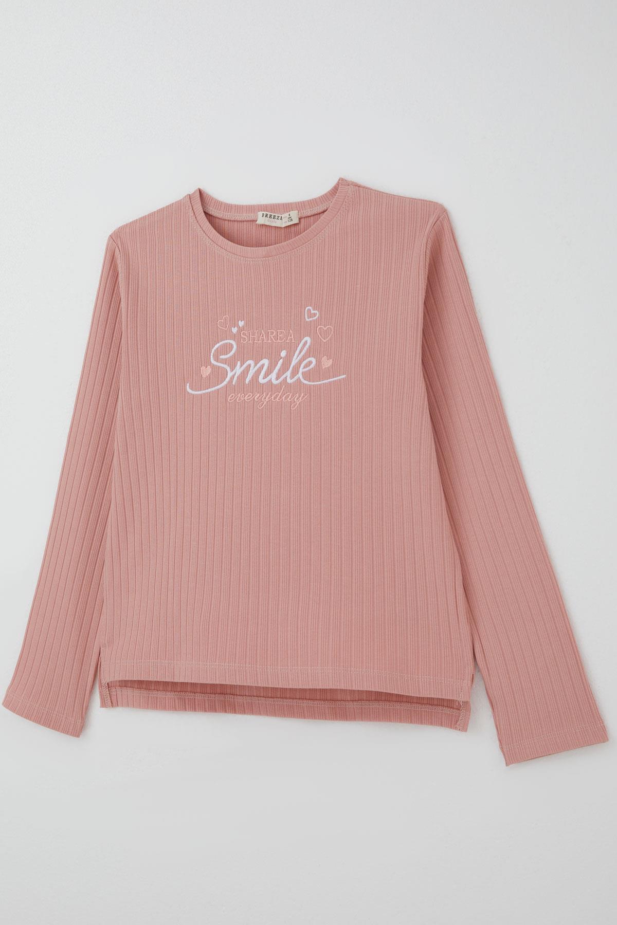 Breeze Kız Çocuk Pantolonlu Takım Yazı & Kalp Nakışlı Pantolonu Fiyonk Aksesuarlı Gülkurusu (4-8 Yaş)