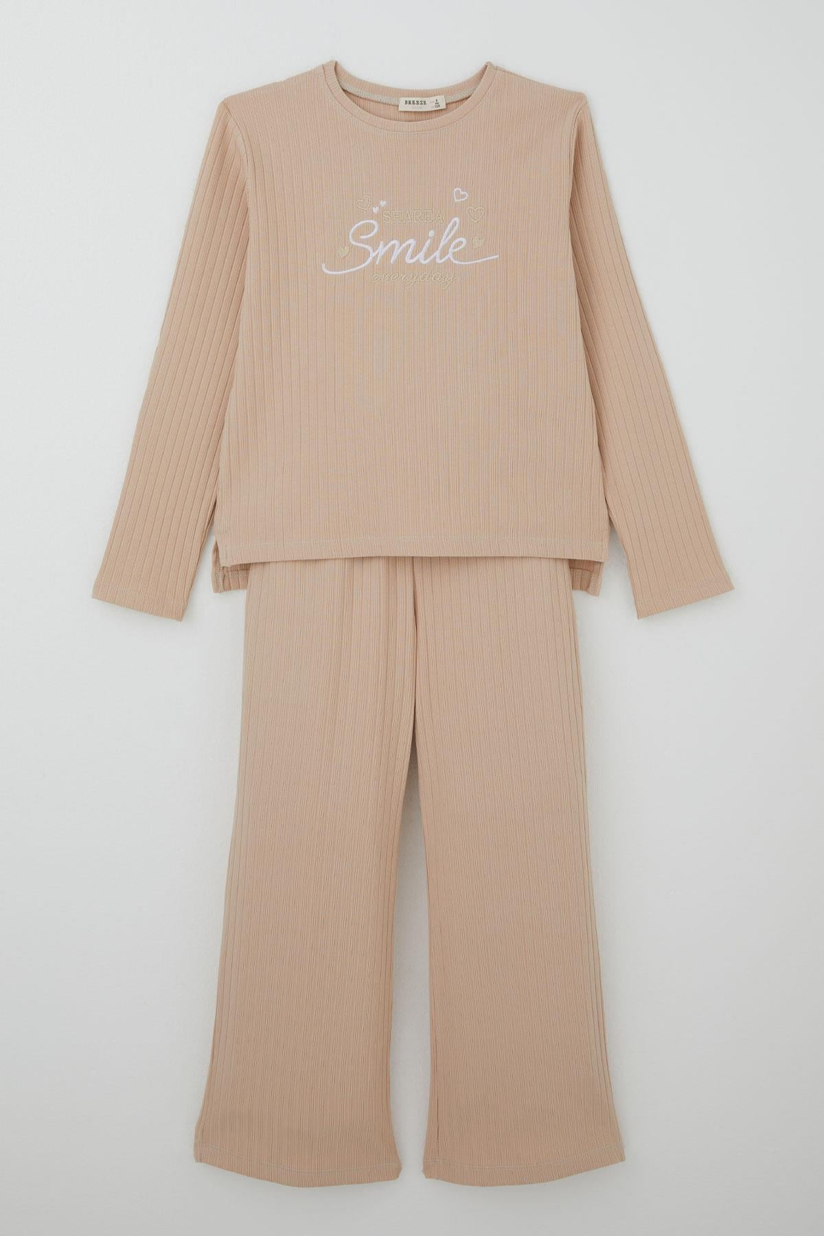 Breeze Kız Çocuk Pantolonlu Takım Yazı & Kalp Nakışlı Pantolonu Fiyonk Aksesuarlı Bej (4-8 Yaş)