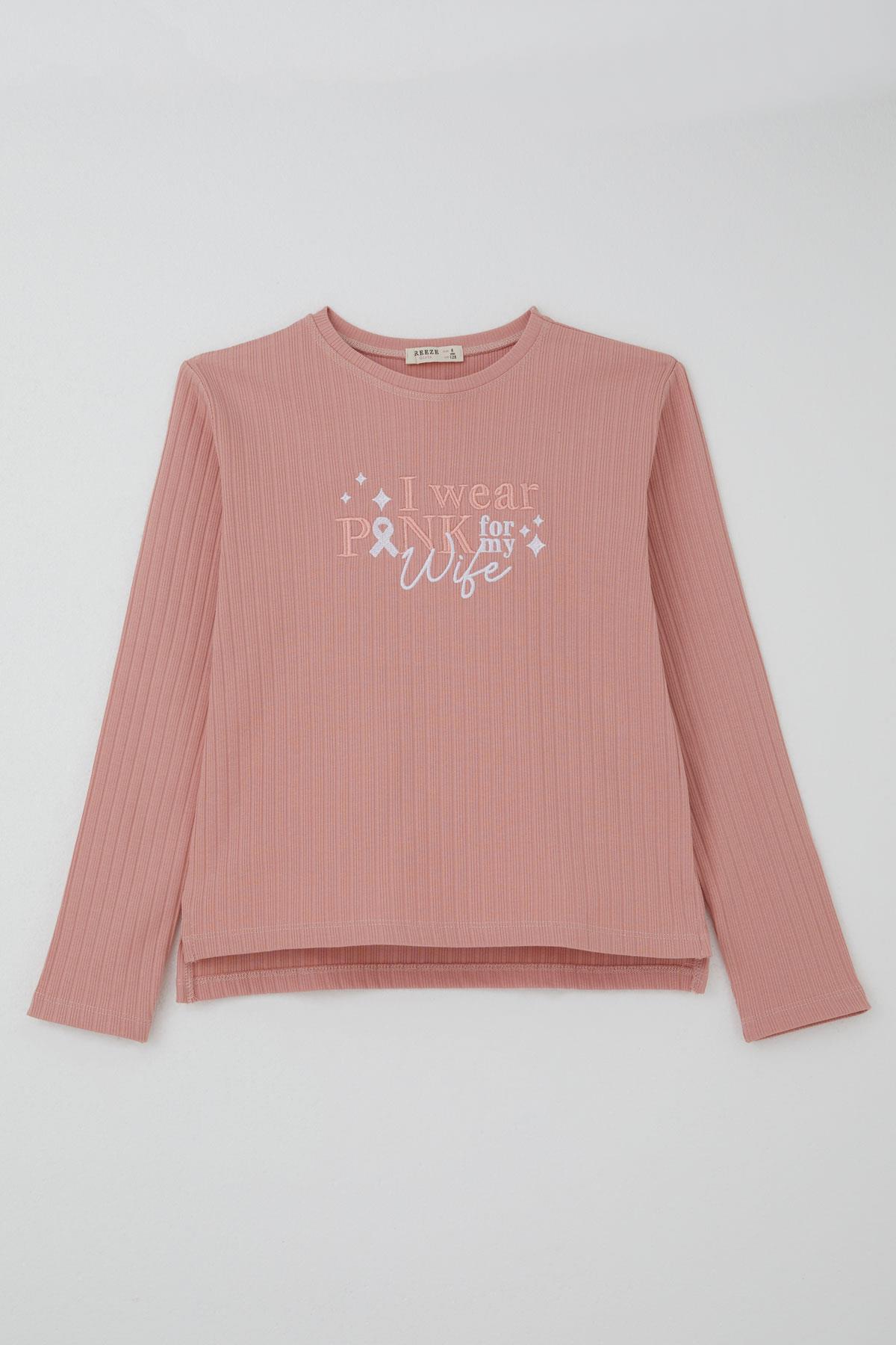 Breeze Kız Çocuk Pantolonlu Takım Yazı Nakışlı Fiyonk Detaylı Gülkurusu (4-8 Yaş)