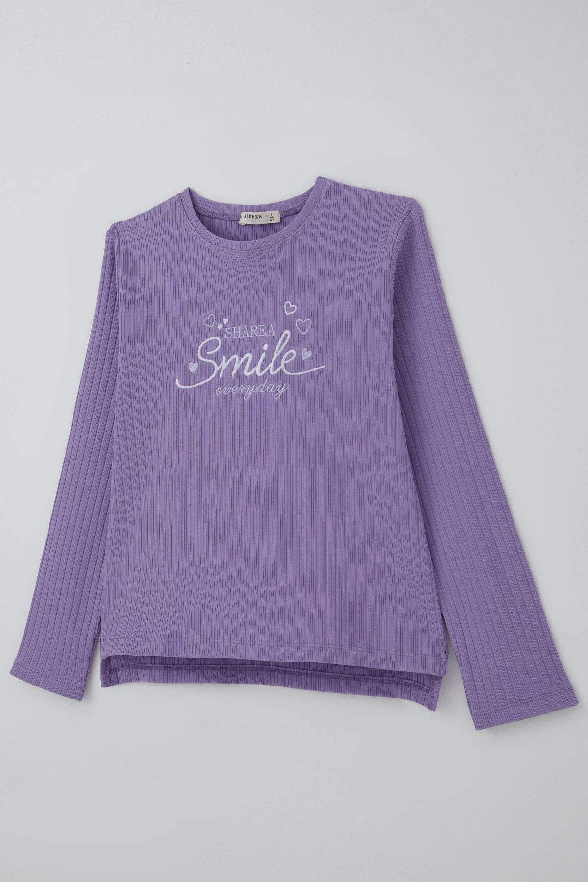 Breeze Kız Çocuk Pantolonlu Takım Yazı & Kalp Nakışlı Pantolonu Fiyonk Aksesuarlı Lila (4-8 Yaş)