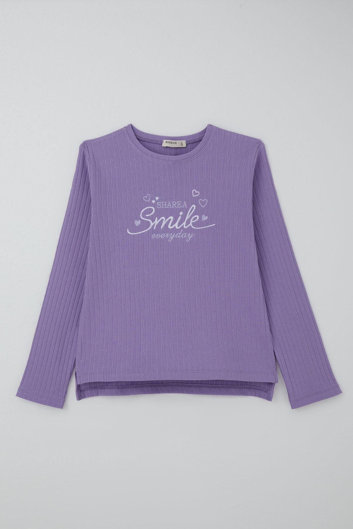 Breeze Kız Çocuk Pantolonlu Takım Yazı & Kalp Nakışlı Pantolonu Fiyonk Aksesuarlı Lila (4-8 Yaş)