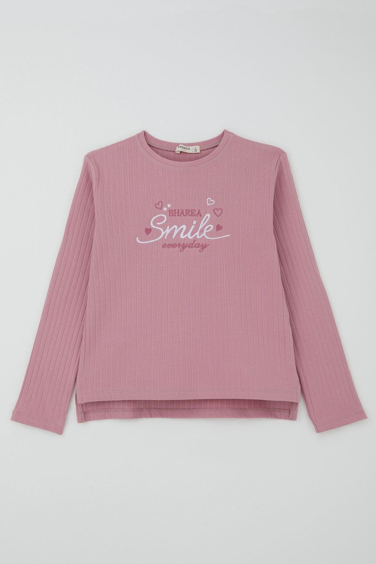 Breeze Kız Çocuk Pantolonlu Takım Yazı & Kalp Nakışlı Pantolonu Fiyonk Aksesuarlı Gülkurusu (4-8 Yaş)