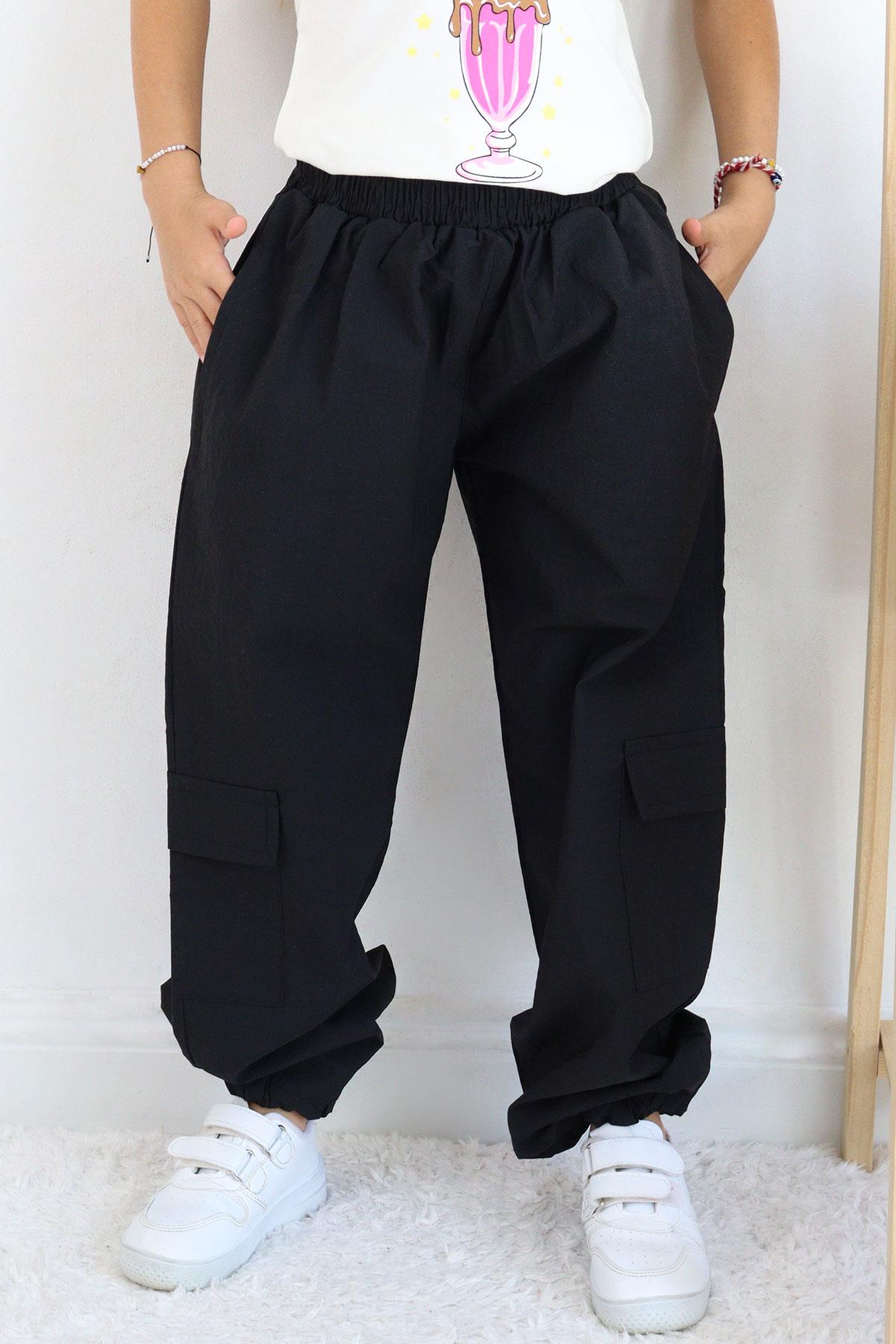 Breeze Kız Çocuk Paraşüt Jogger Paça Pantolon Kargo Cep Siyah (7-12 Yaş)