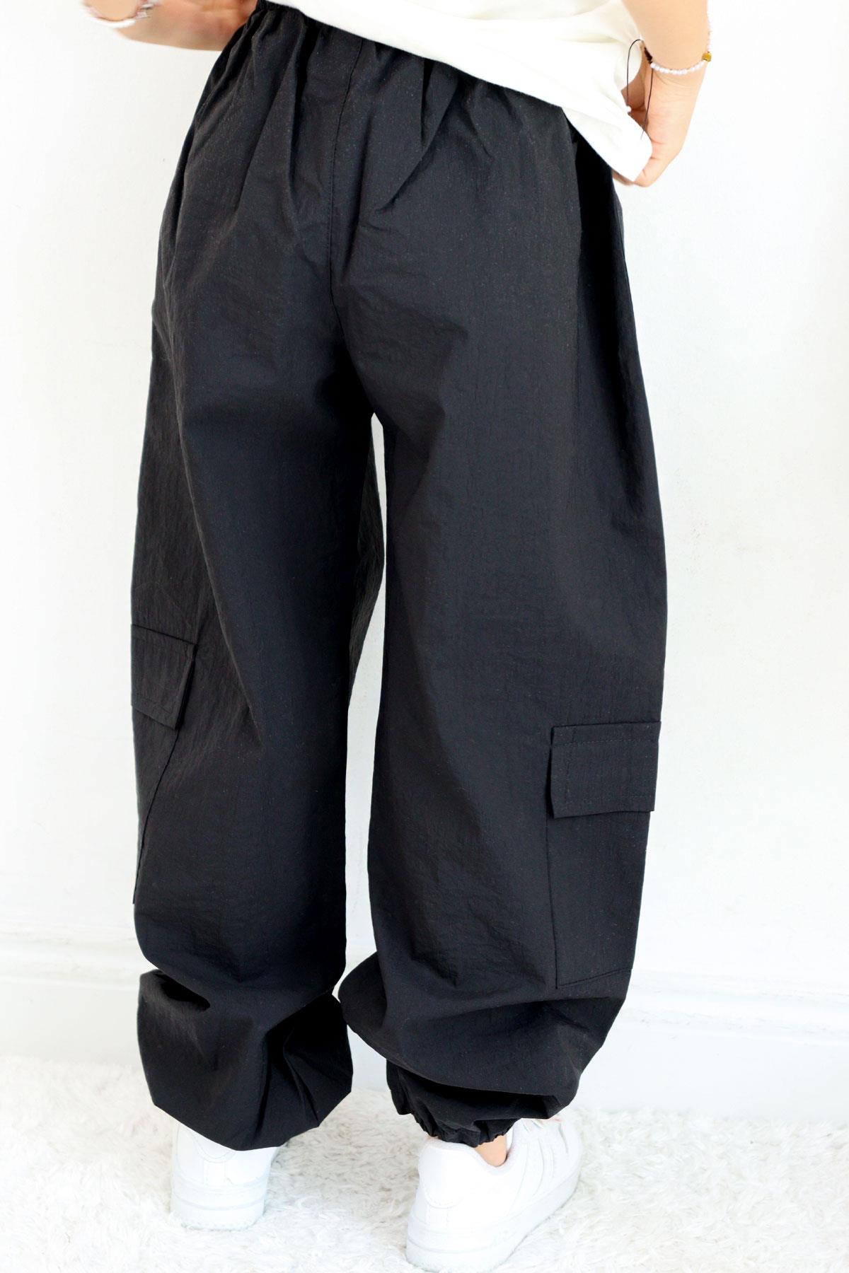 Breeze Kız Çocuk Paraşüt Jogger Paça Pantolon Kargo Cep Siyah (7-12 Yaş)