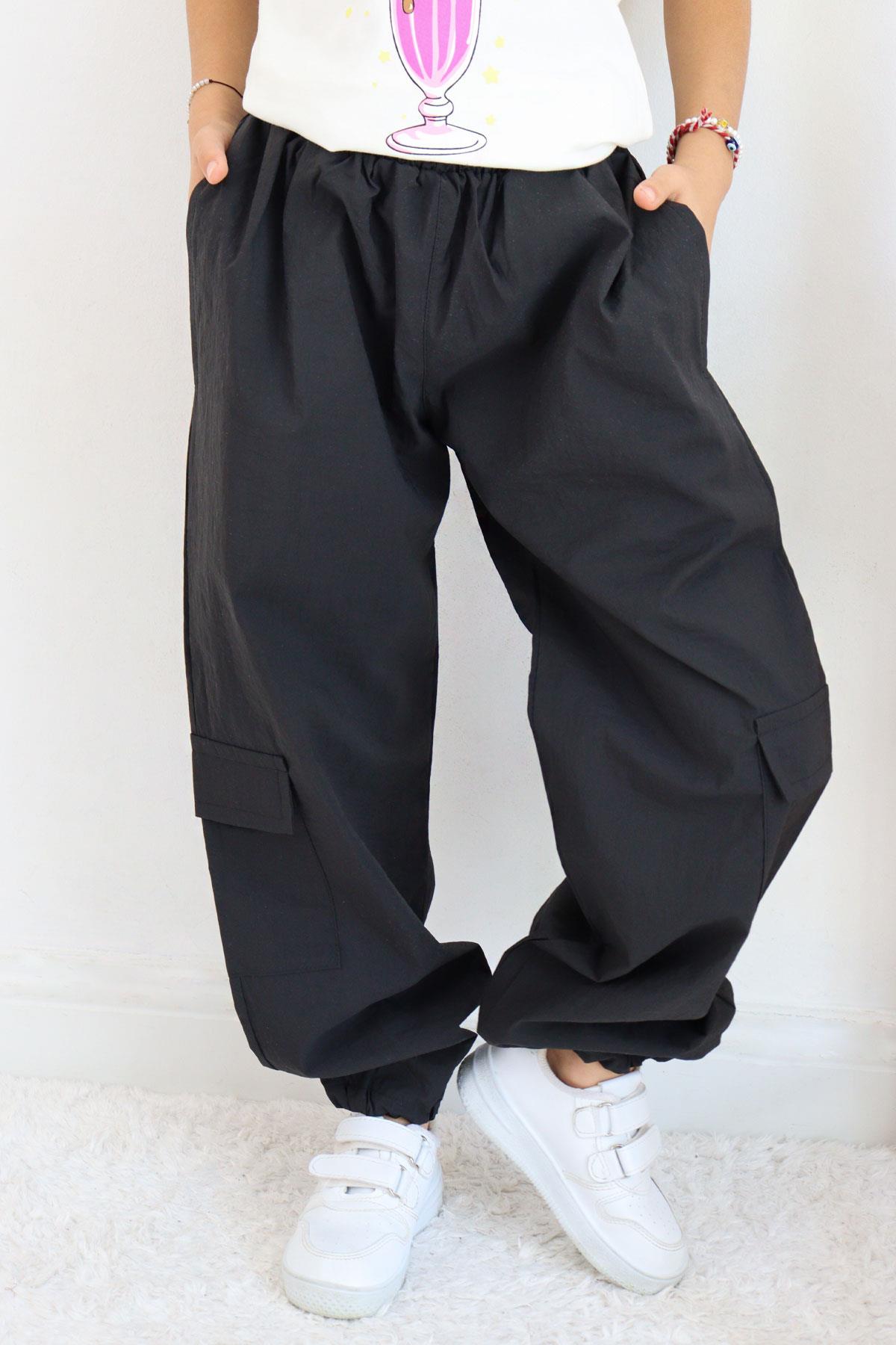 Breeze Kız Çocuk Paraşüt Jogger Paça Pantolon Kargo Cep Siyah (7-12 Yaş)