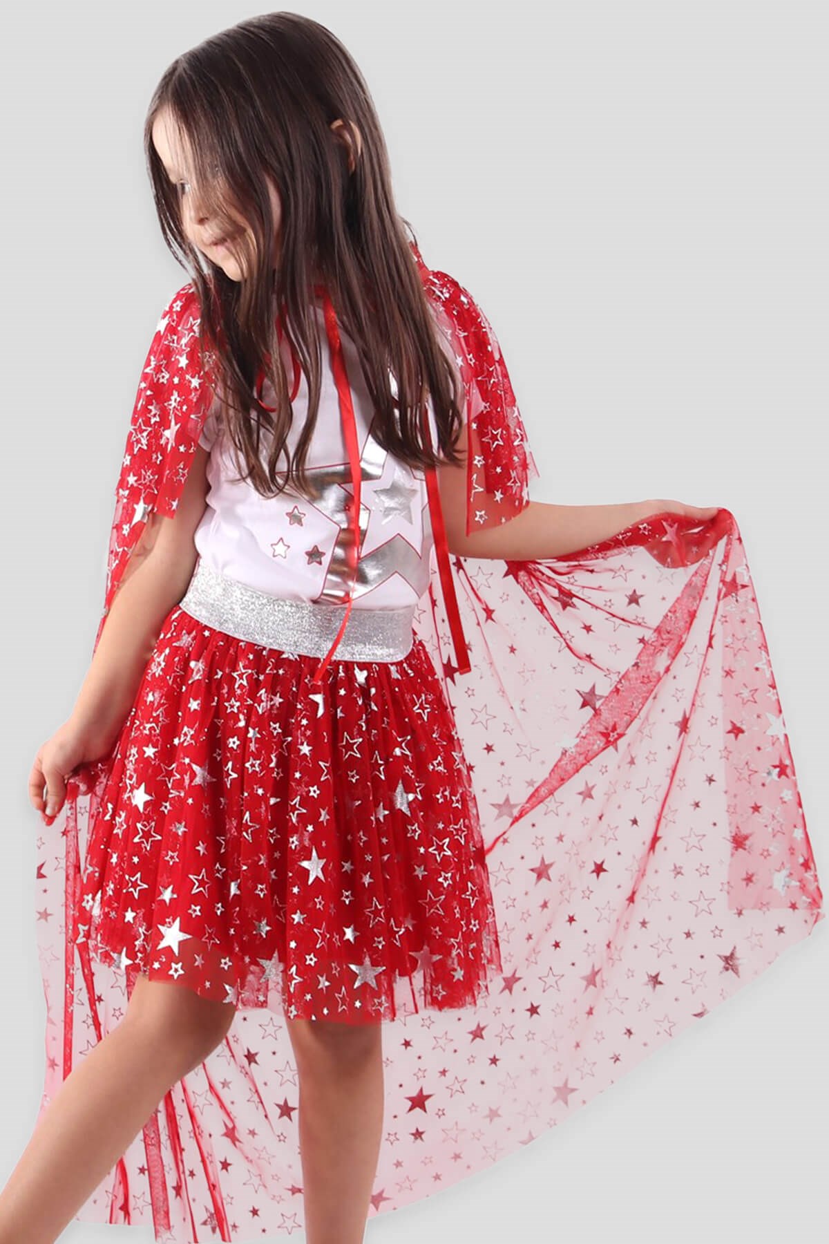 Breeze Kız Çocuk Pelerinli Etek Takımı Beyaz-Kırmızı (8-10 Yaş)