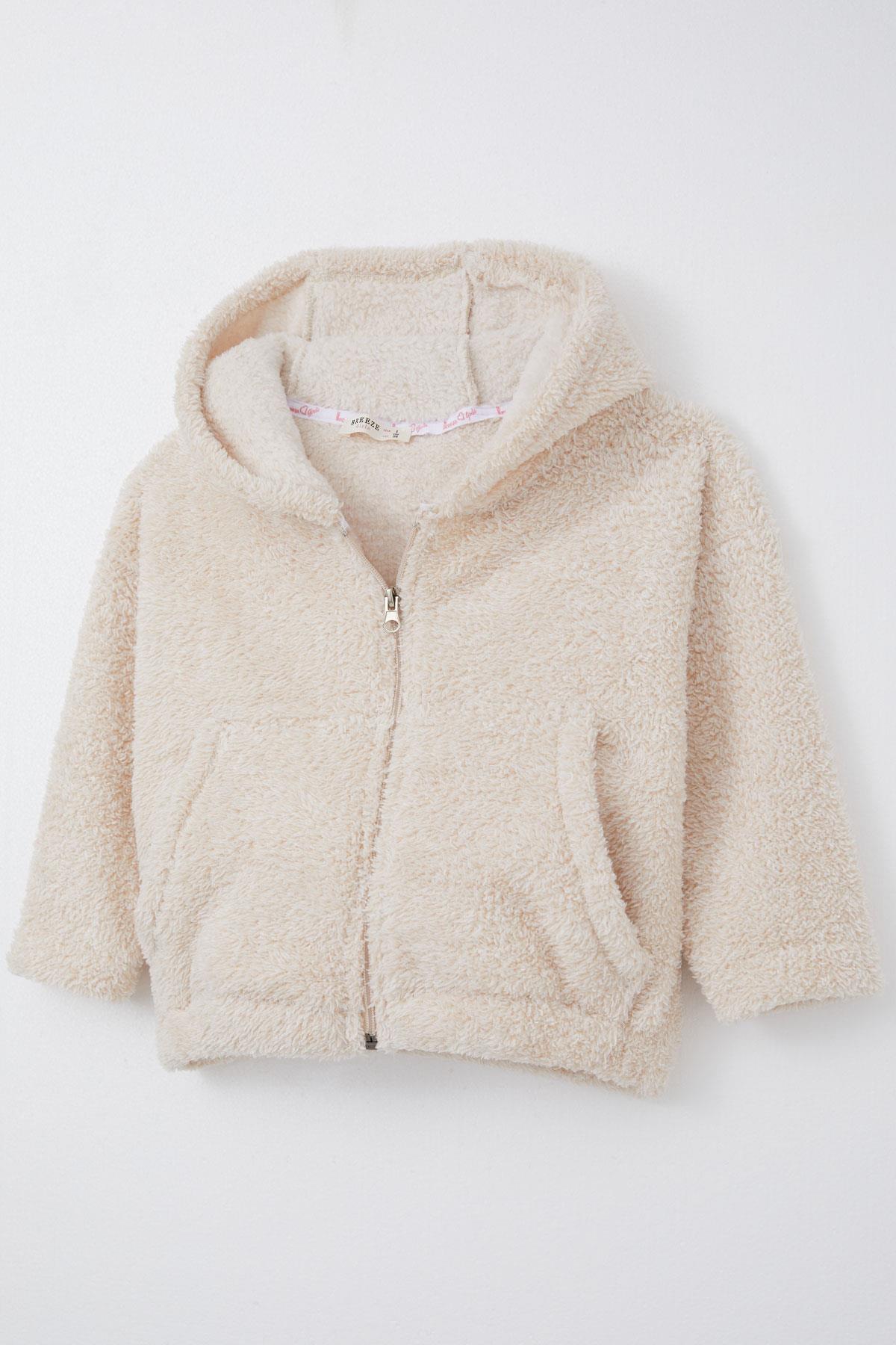 Breeze Kız Çocuk Peluş Hırka Kapüşonlu Fermuarlı Krem (3-7 Yaş)