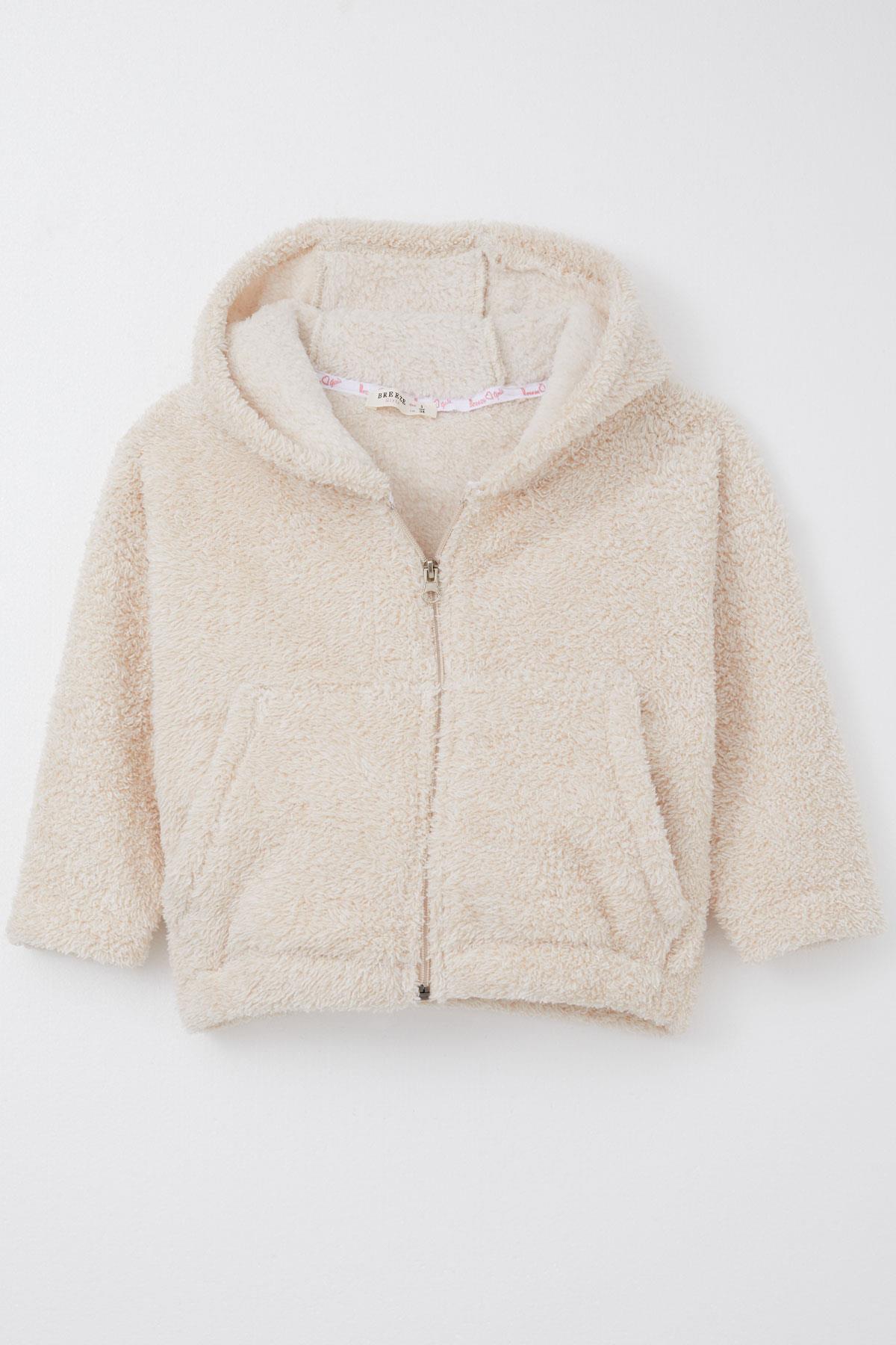 Breeze Kız Çocuk Peluş Hırka Kapüşonlu Fermuarlı Krem (3-7 Yaş)
